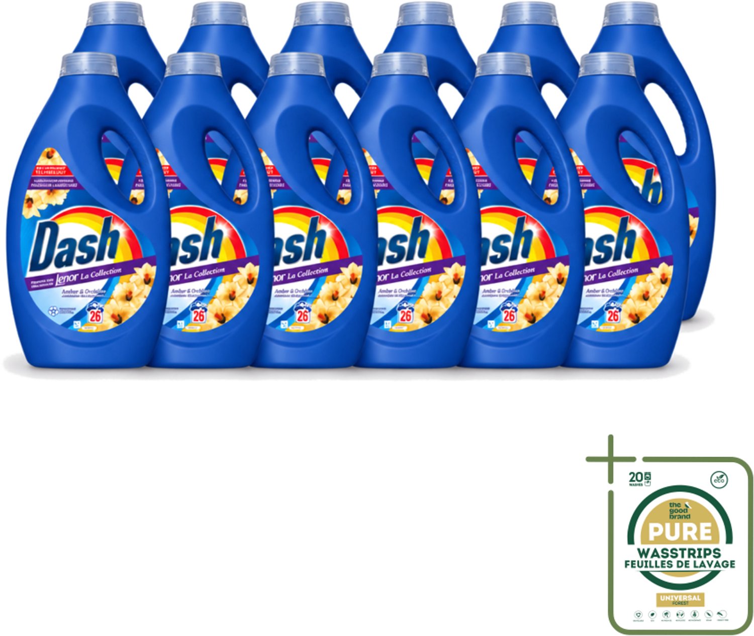 12 x Dash - Lenor Collectie - Vloeibaar Wasmiddel - Witte en Gekleurde Was - Amber & Orchidee - 26 Wasbeurten - Wasstrips - Vloeibaar Wasmiddel - Frisheid - Wasmiddel Amber Orchidee - Wasmiddel Lenor - Wasmiddel Voor Witte En Gekleurde Kleding