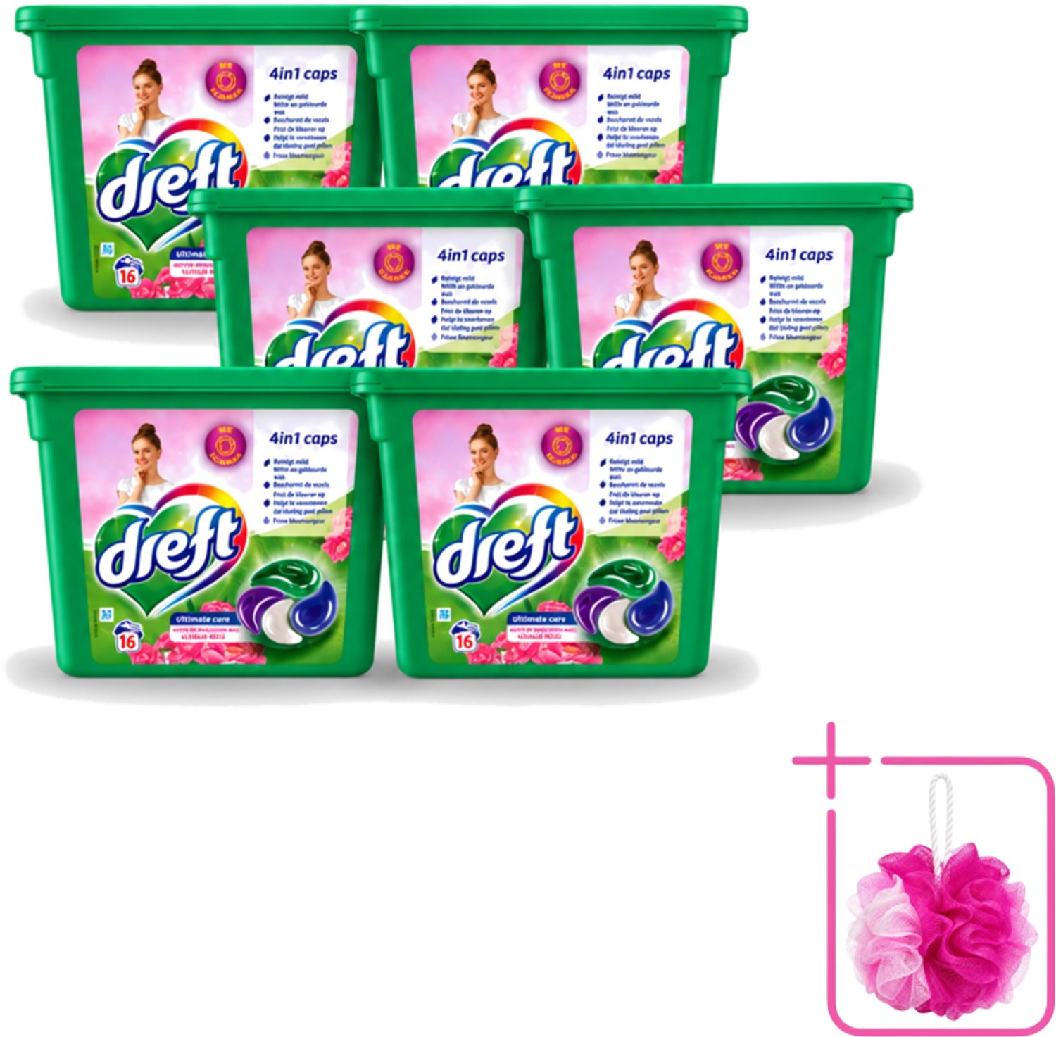 6 x Dreft - Wasmiddelcapsules 4in1 - Witte en Gekleurde Was - Vleugje Roze - 16 Wasbeurten - Bulkverpakking - Wasmiddelcapsules - Douchemop - Was