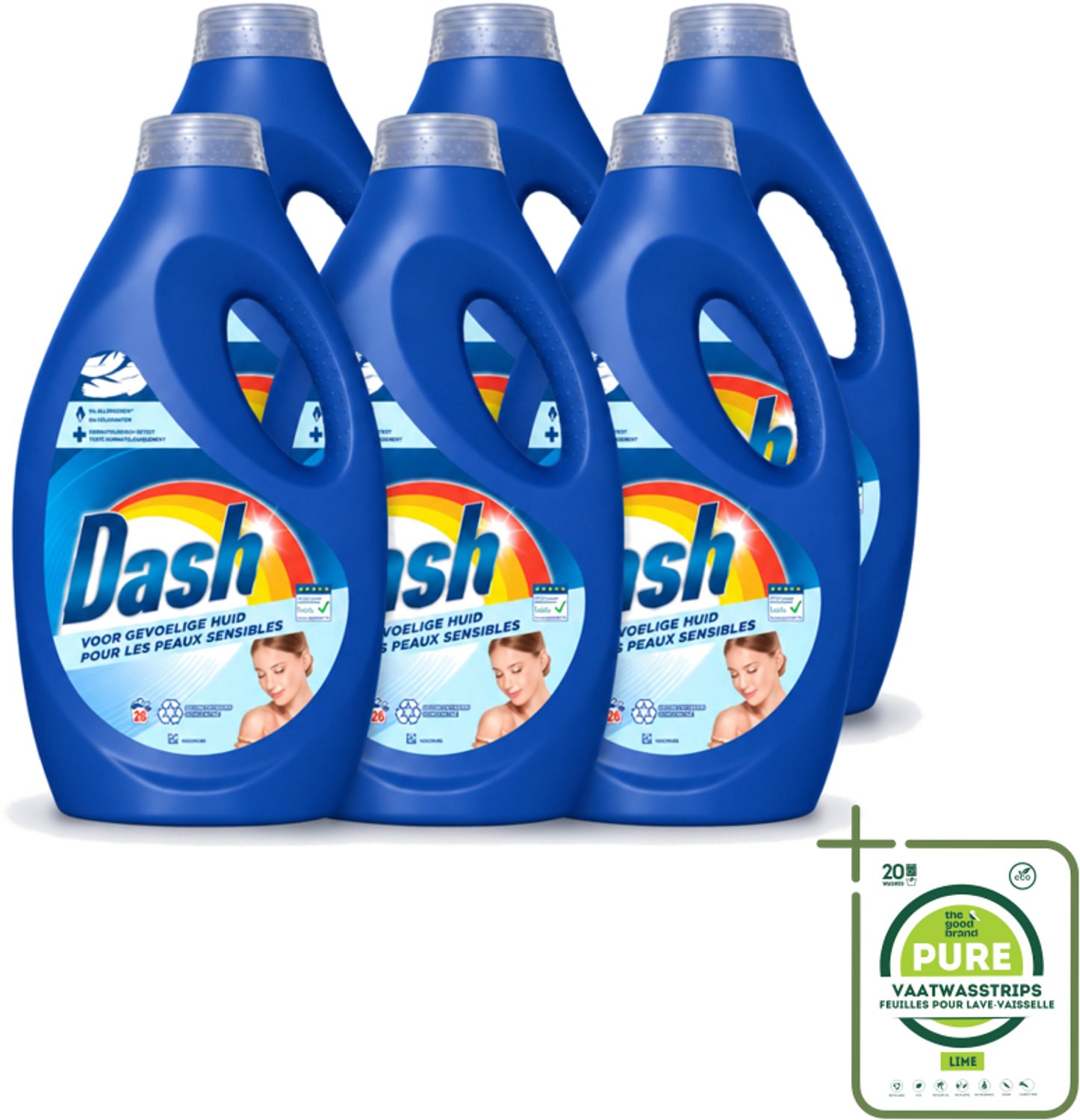6 x Dash Sensitive - Vloeibaar Wasmiddel - Voor Gevoelige Huid - Witte en Gekleurde Was - 26 Wasbeurten - Grootverpakking - Vaatwasstrips - Gevoelige Huid - Wasmiddel - Zachte Was - Dermatologisch Getest - ECARF