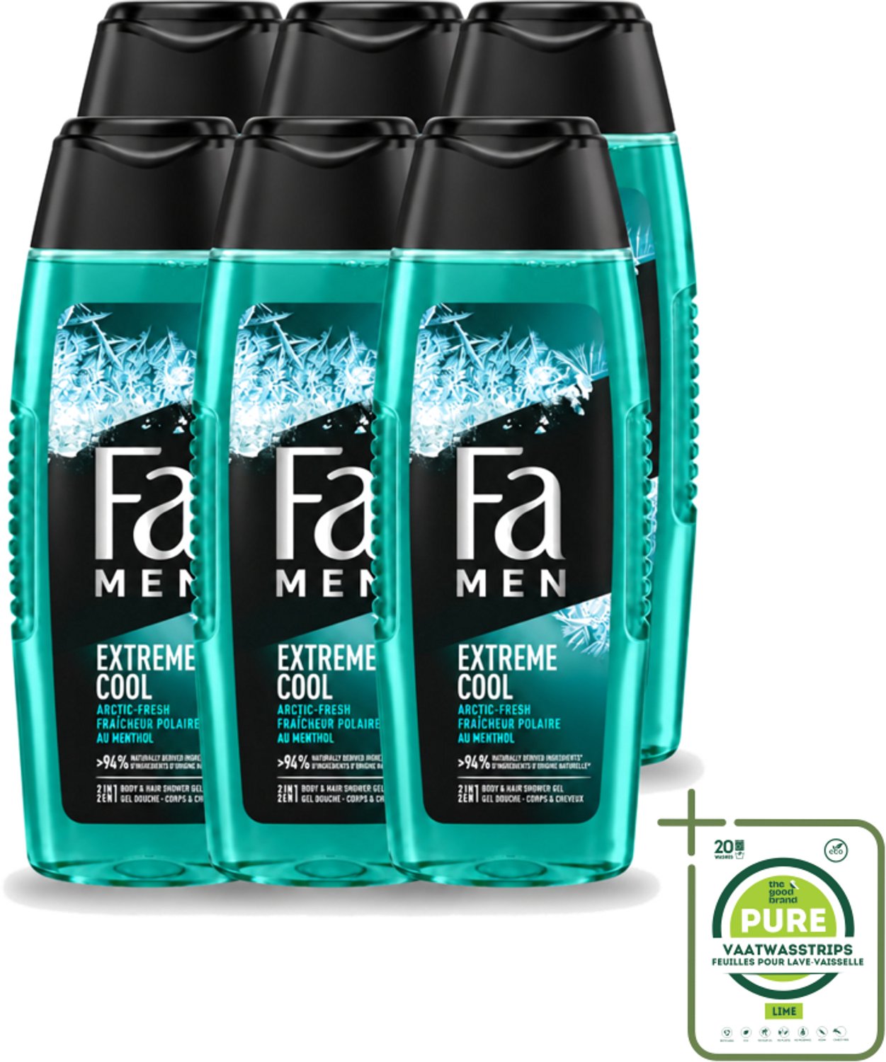 6 x Fa Men - Extreme Cool - 2 in 1 Douchegel & Shampoo - Menthol - 250 ml - Grootverpakking - Vaatwasstrips - Douchegel En Shampoo - Menthol - Verfrissend - Lichaam Reinigen - Haar Reinigen
