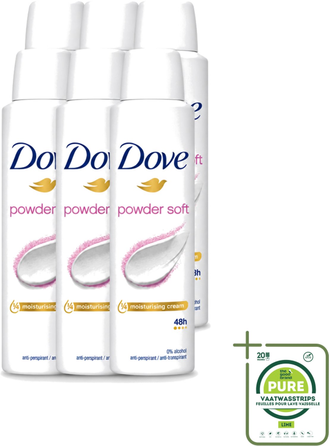 6 x Dove - Deospray - Powder Soft - 150 ml - Grootverpakking - Vaatwasstrips - Deodorant - Poeder - Oksels - Transpiratie - Geur