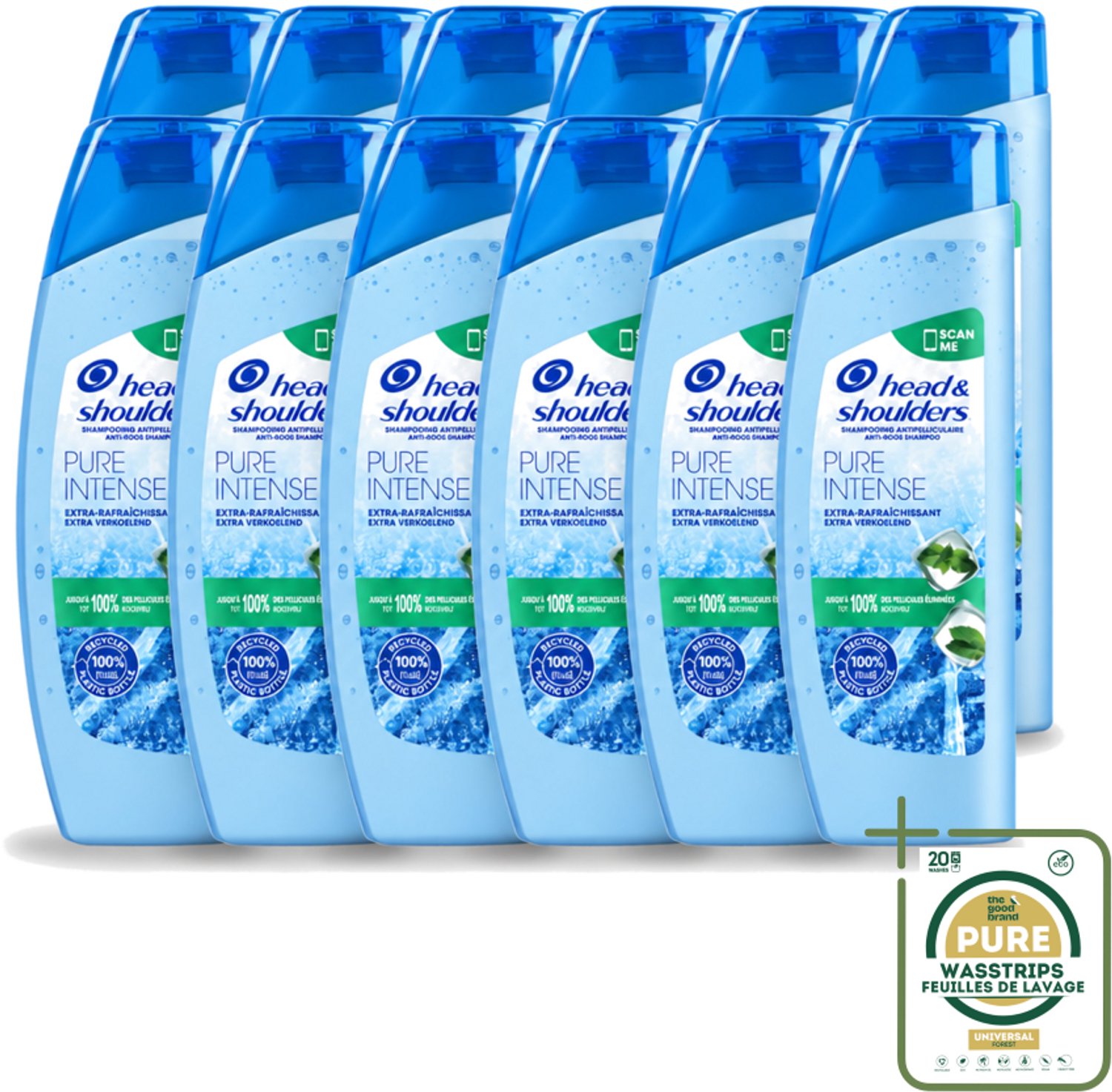 12 x Head & Shoulders - Anti-Roos Shampoo - Pure Intense - Extra Verkoelend - 250 ml - Wasstrips - Roosvrij Haar - Roosbestrijding - Verkoelend Shampoo - Menthol Shampoo - Frisse Geur