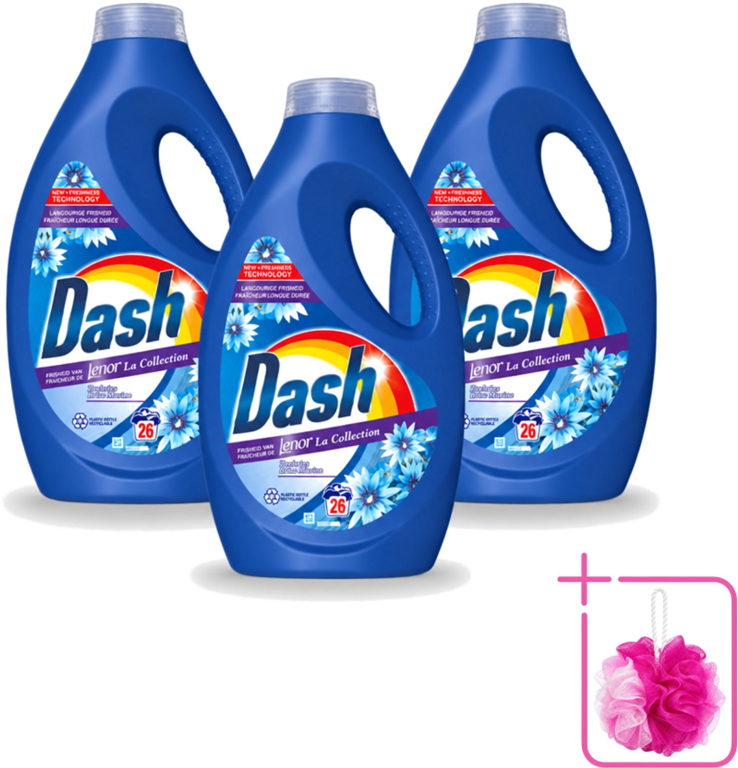 3 x Dash - Lenor Collectie - Vloeibaar Wasmiddel - Witte en Gekleurde Was - Zeebries - 26 Wasbeurten - Bulkverpakking - Wasmiddel - Douchemop - Was
