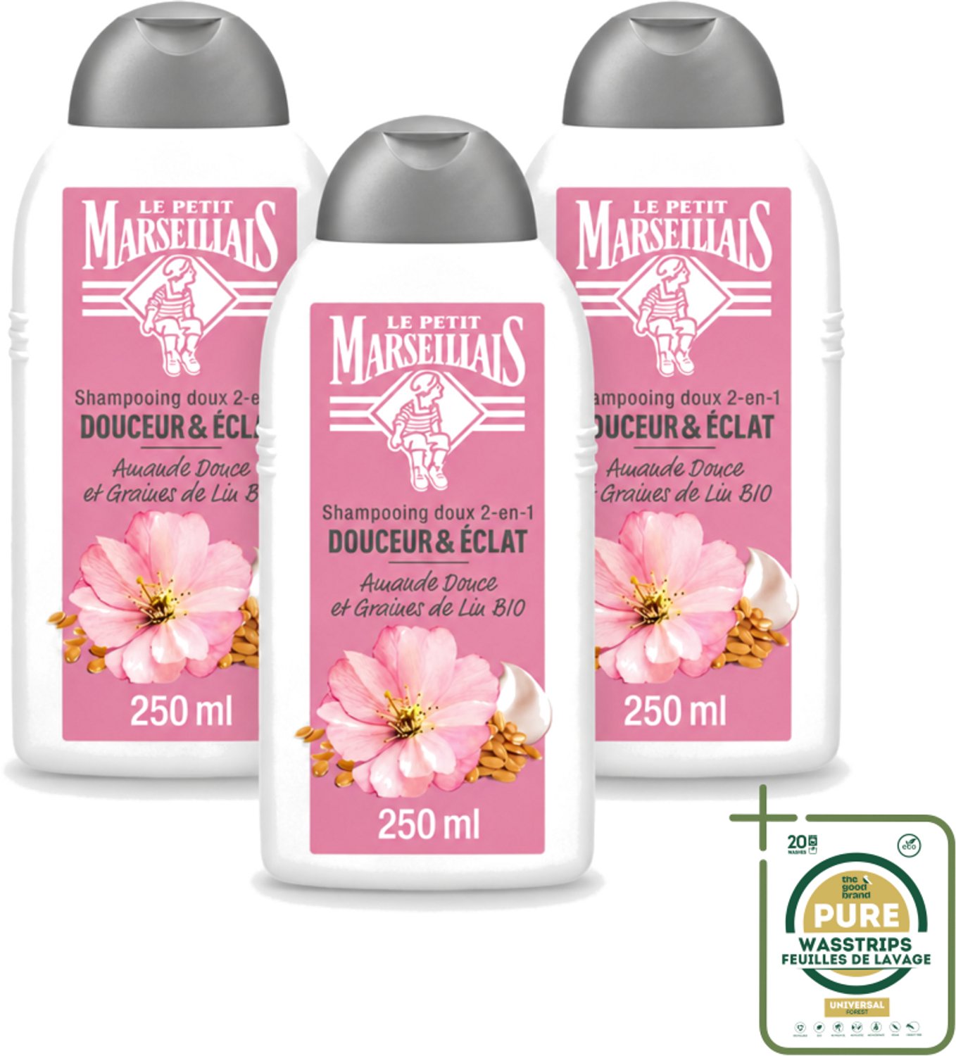 3 x Le Petit Marseillais – Shampoo – Amande Douce & Graines de Lin Bio – 250 ml - Wasstrips - Shampoo Amande Douce - Shampoo Linzaad - Shampoo Bio - Shampoo Voor Fijn Haar - Shampoo Voor Normaal Haar