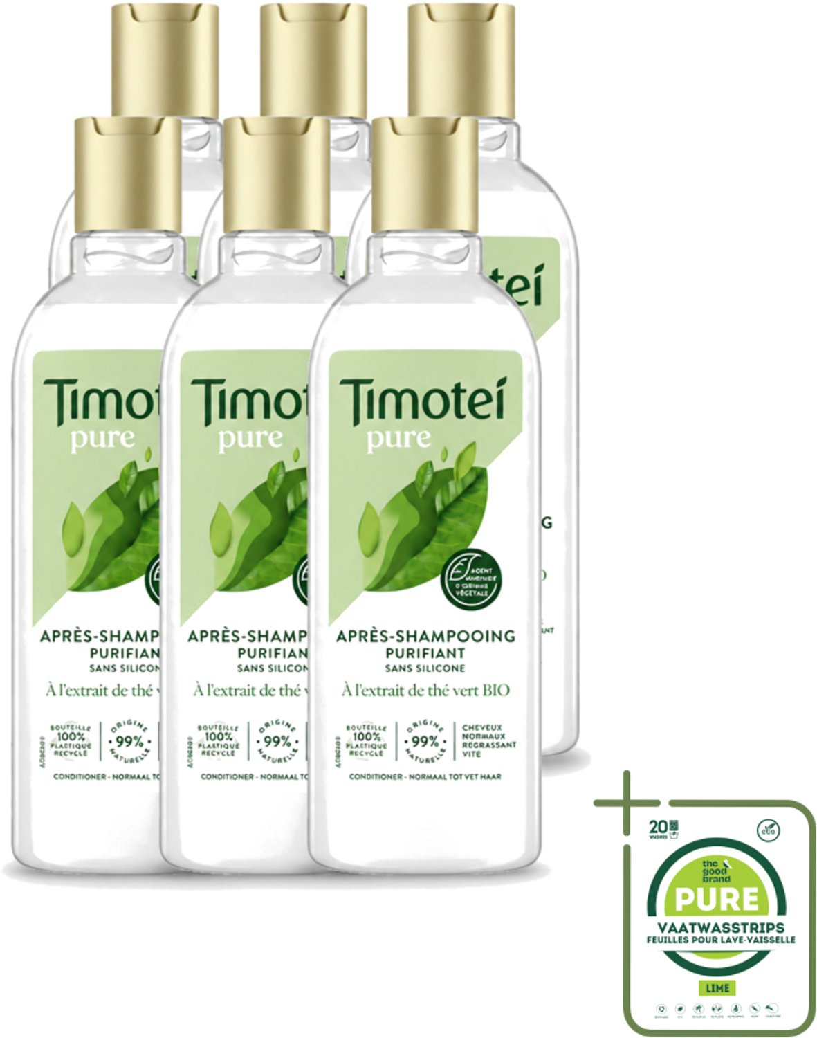 6 x Timotei Conditioner - pure groene thee - 300 ml - Grootverpakking - Vaatwasstrips - Groene Thee Conditioner - Zachte Haar - Fris Haar - Natuurlijke Haar Verzorging - Haar Verzorging