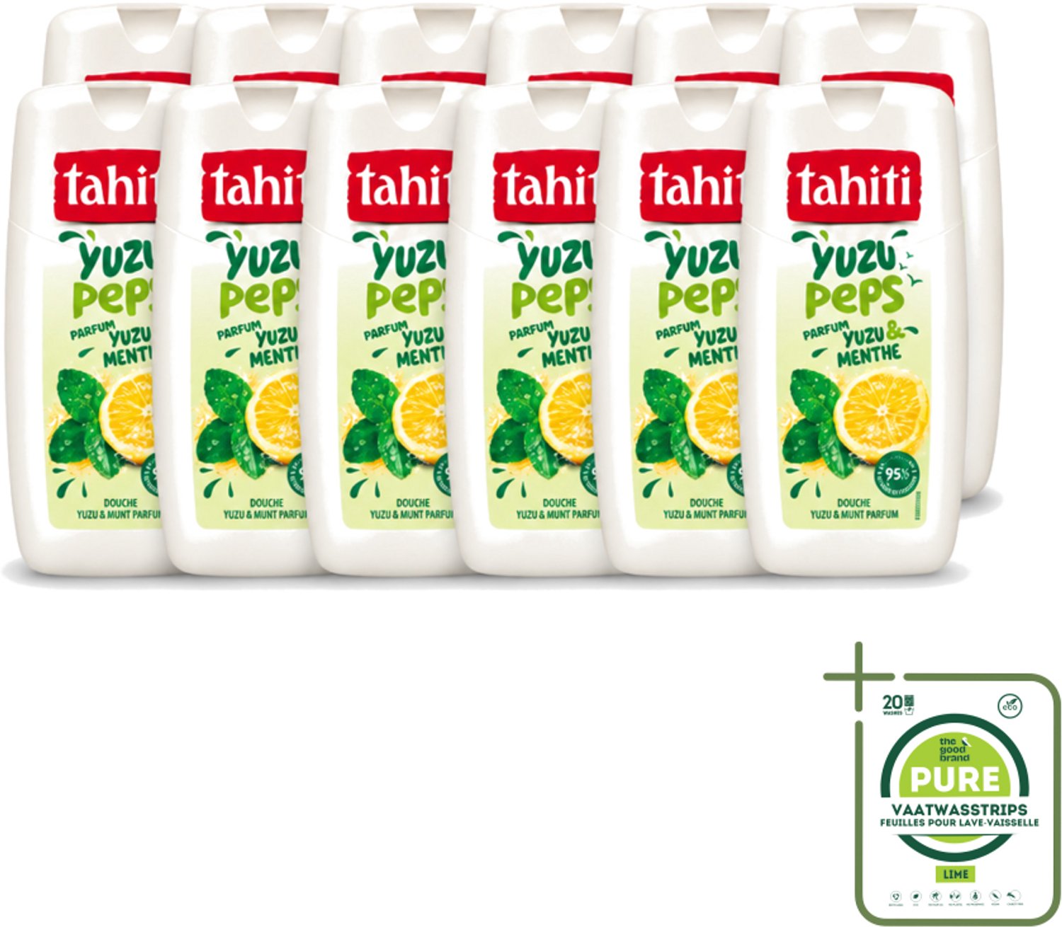 12 x Tahiti – Douchegel – Yuzu Peps Yuzu & Munt - 250 ml - Grootverpakking - Vaatwasstrips - Douchegel Yuzu Munt - Frisse Douchegel - Yuzu En Munt - Energieke Douchegel - Verkoelende Douchegel