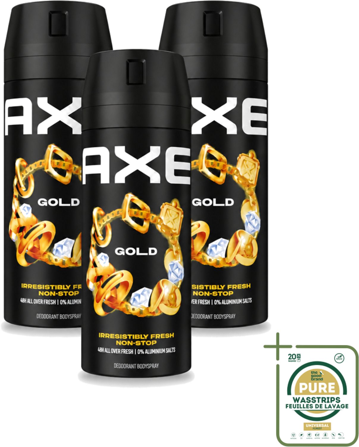 3 x Axe - Deodorant Bodyspray - 48hrs Fresh - Gold - Oud Wood & Fresh Vanilla - 150 ml - Wasstrips - 48 Uur Geurbeleid - Deodorant Bodyspray - Oud Hout Geur - Donker Vanille - Geurbestrijdende Zinktechnologie