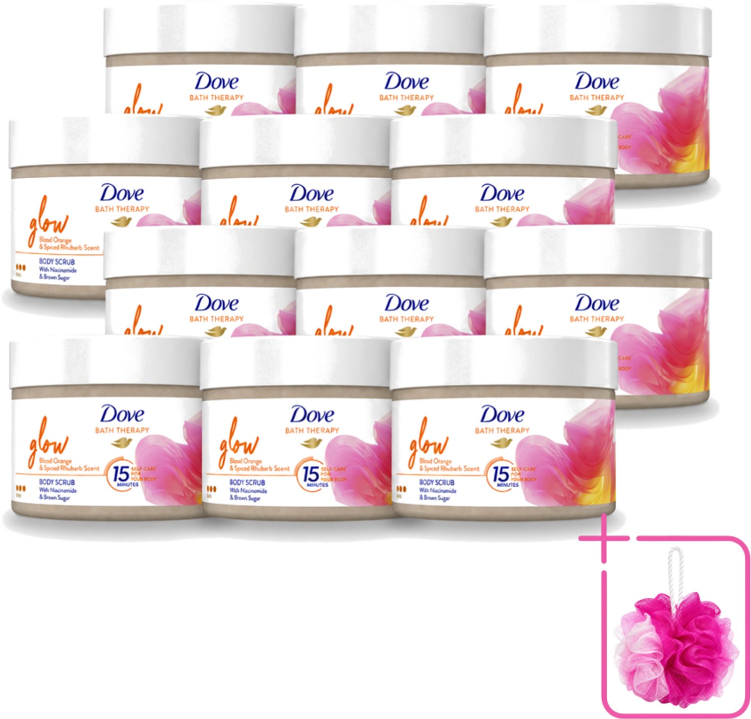 12 x Dove Bath Therapy Glow - Bodyscrub - Bloedsinaasappel & Rabarber - 295 ml - Bulkverpakking - Huid verzorging - Douchemop - Huid stralen