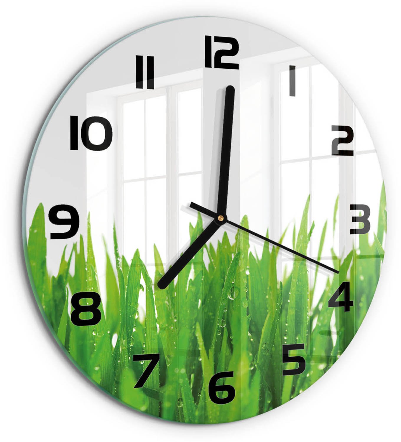 TULUP Wandklok - Gras Wandklok Glas Decoratie - fi30 cm - Groente Gekleurde Glazen Klok - Zwarte handen - Ronde Klok - Klok Glas Met Opdruk - Moderne Wandklok Glas