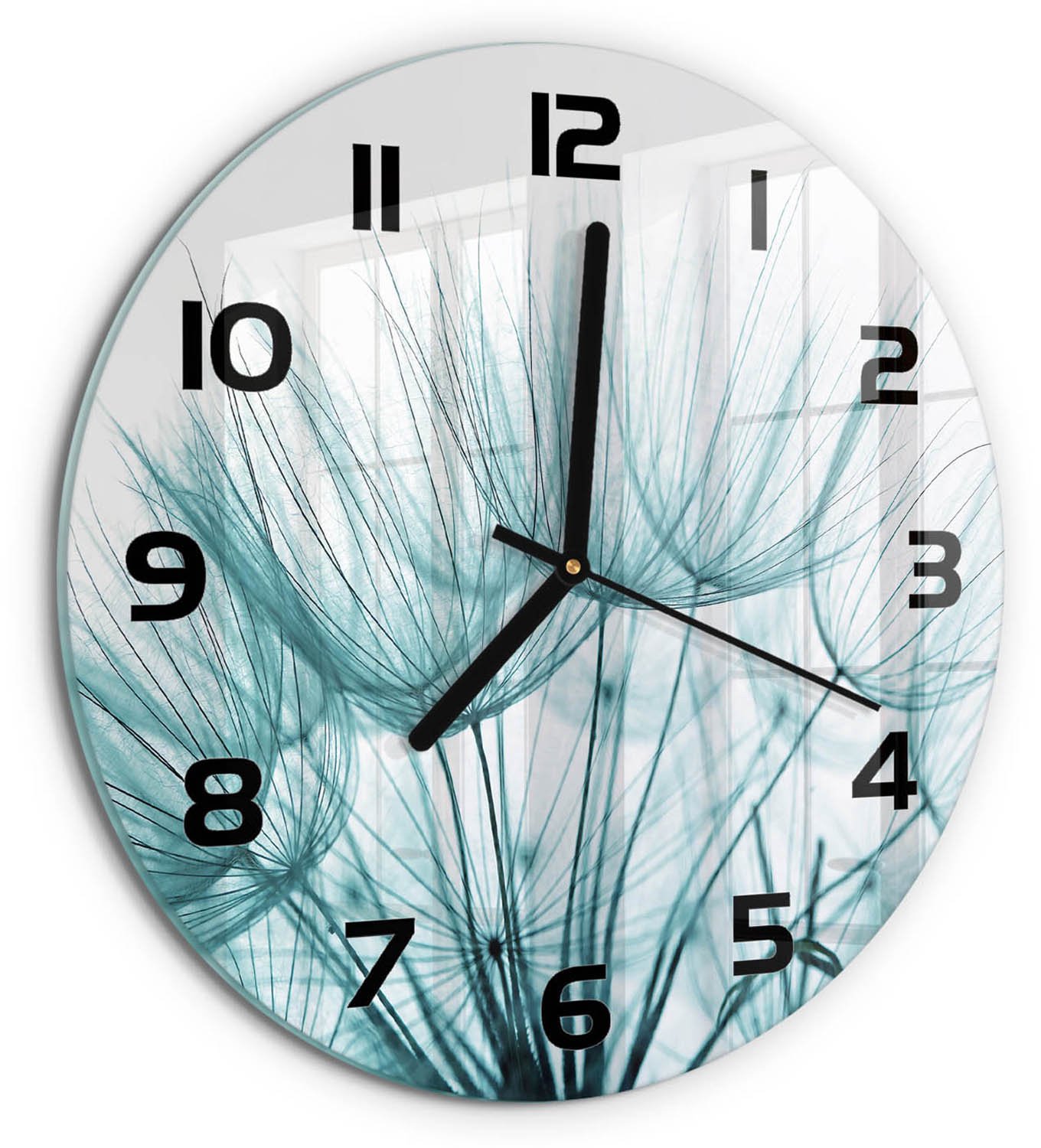 TULUP Wandklok - Paardenbloemzaden Wandklok Glas Decoratie - fi30 cm - Wit Gekleurde Glazen Klok - Zwarte handen - Ronde Klok - Klok Glas Met Opdruk - Moderne Wandklok Glas
