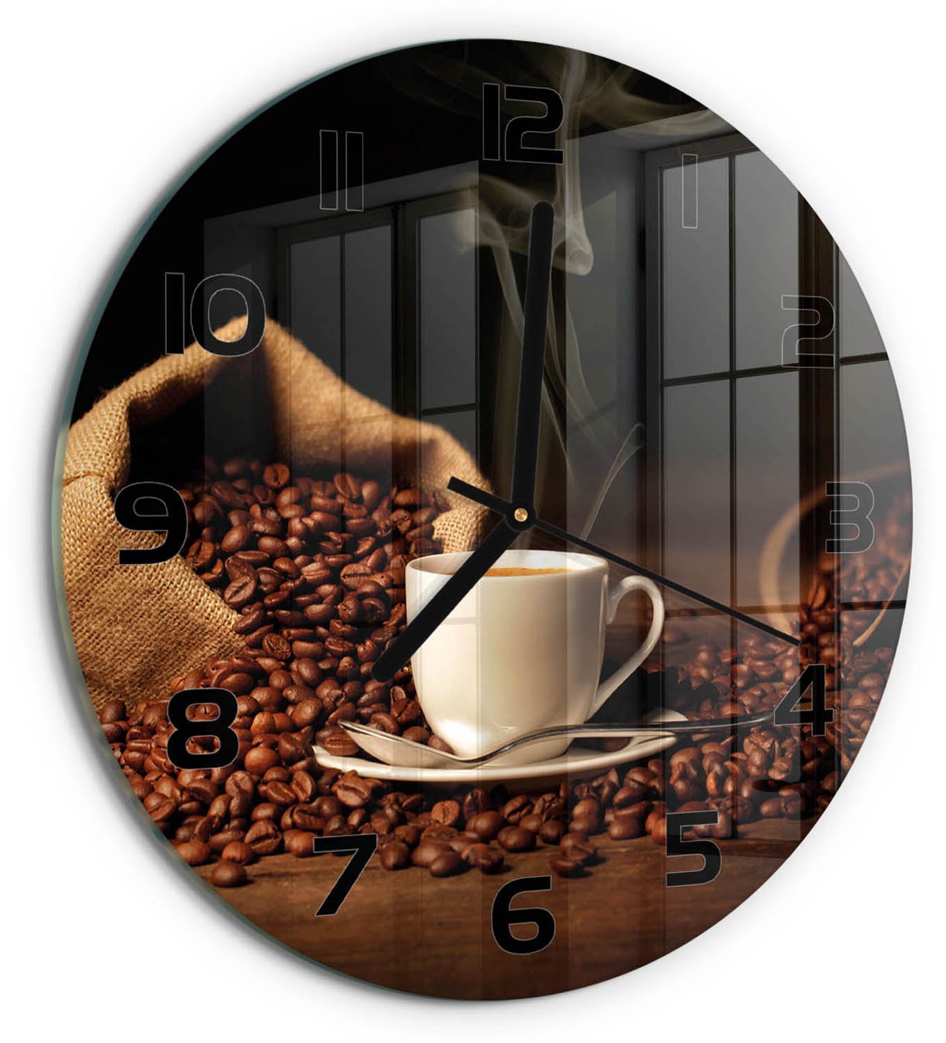 TULUP Wandklok - Koffie in een kopje Decoratieve Glazen Klok - fi30 cm - Bruin Glazen Wandklok Design - Zwarte handen - Ronde Klok - Glazen Klok Met Print - Wandklok Glas Met Motief