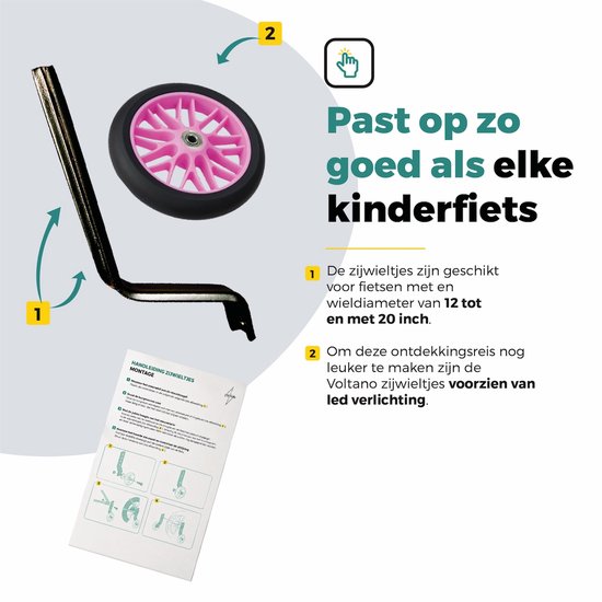 Roze zijwieltje met montagebeugel, geschikt voor kinderfietsen van 12 tot 20 inch.