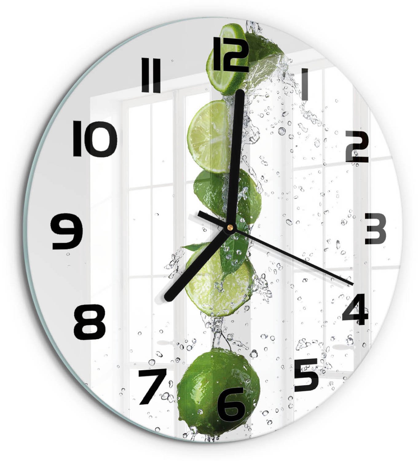 TULUP Wandklok - Kalk en water Wandklok Glas Decoratie - fi30 cm - Groente Gekleurde Glazen Klok - Zwarte handen - Ronde Klok - Klok Glas Met Opdruk - Moderne Wandklok Glas