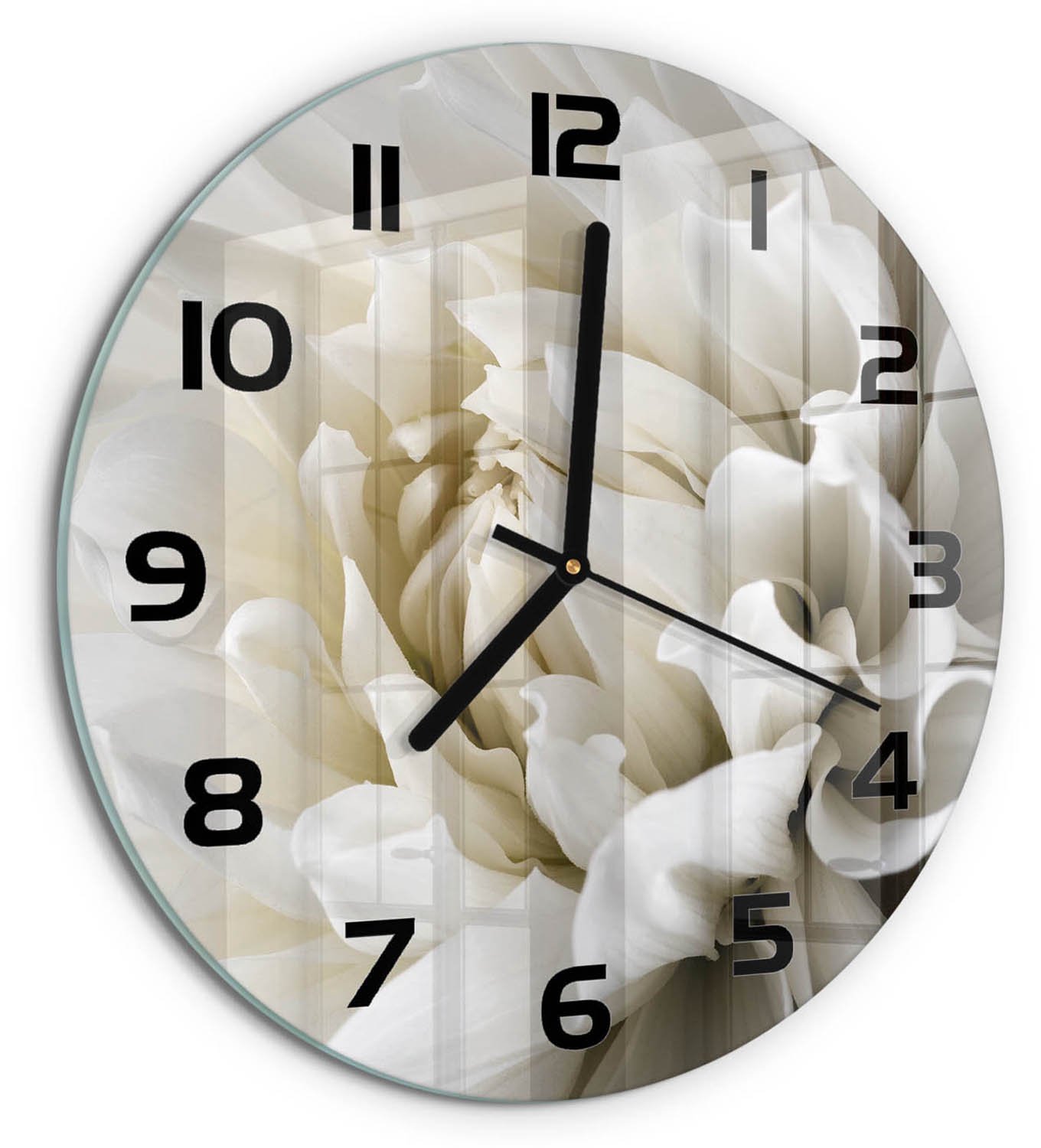 TULUP Wandklok - Witte dahlia Gekleurde Glazen Klok - fi30 cm - Wit Glazen Klok Met Print - Zwarte handen - Ronde Klok - Moderne Wandklok Glas - Wandklok Glas Decoratie