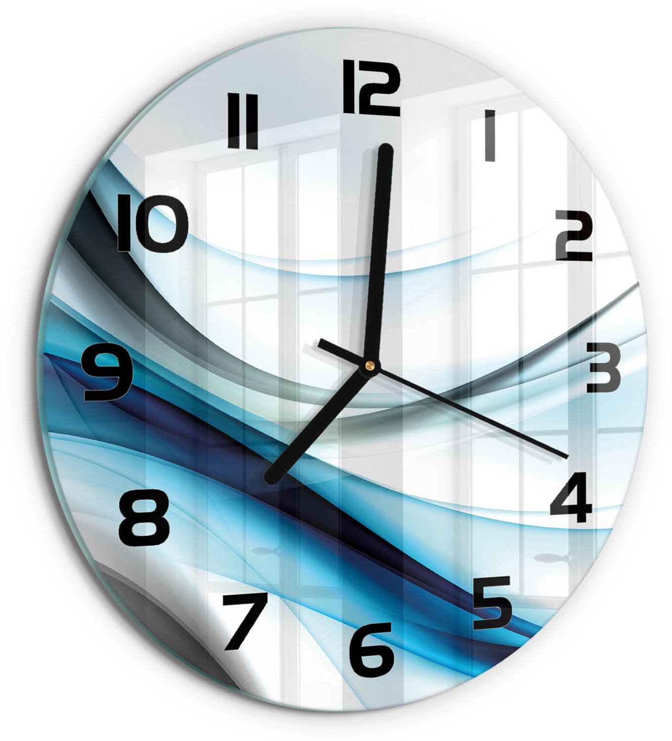 TULUP Wandklok - Golfabstractie Moderne Wandklok Glas - fi30 cm - Blauw Wandklok Glas Decoratie - Zwarte handen - Ronde Klok - Glazen Wandklok Design - Klok Glas Met Opdruk