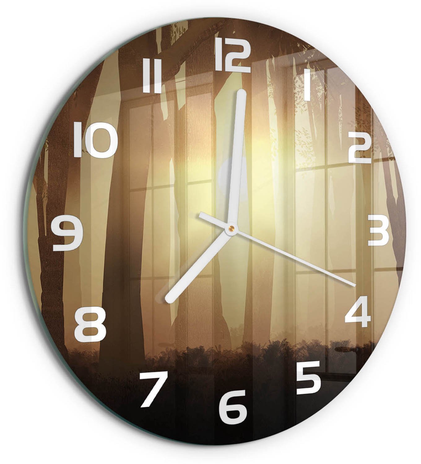 TULUP Wandklok - Mist in het bos Moderne Wandklok Glas - fi30 cm - Bruin Wandklok Glas Decoratie - Witte handen - Ronde Klok - Glazen Wandklok Design - Klok Glas Met Opdruk
