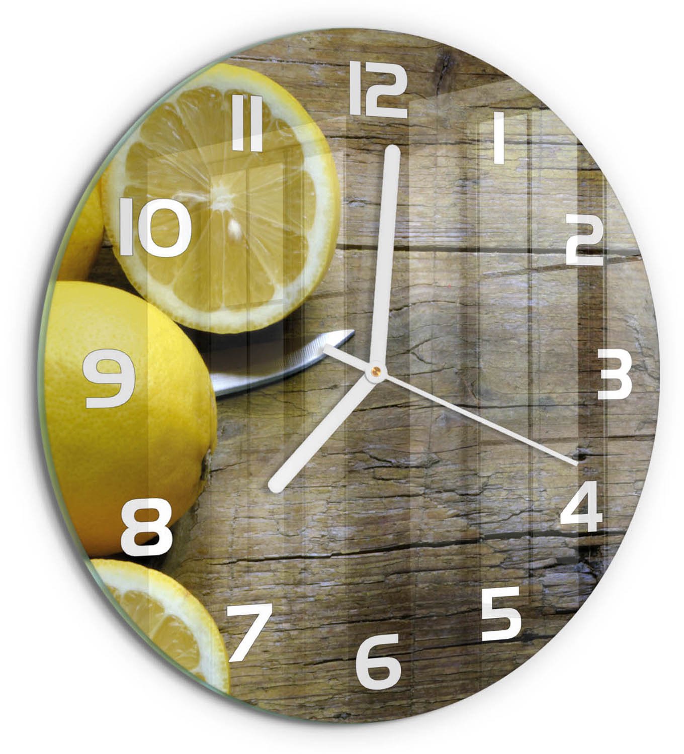 TULUP Wandklok - Citroenen op hout Wandklok Glas Decoratie - fi30 cm - Geel Gekleurde Glazen Klok - Witte handen - Ronde Klok - Klok Glas Met Opdruk - Moderne Wandklok Glas