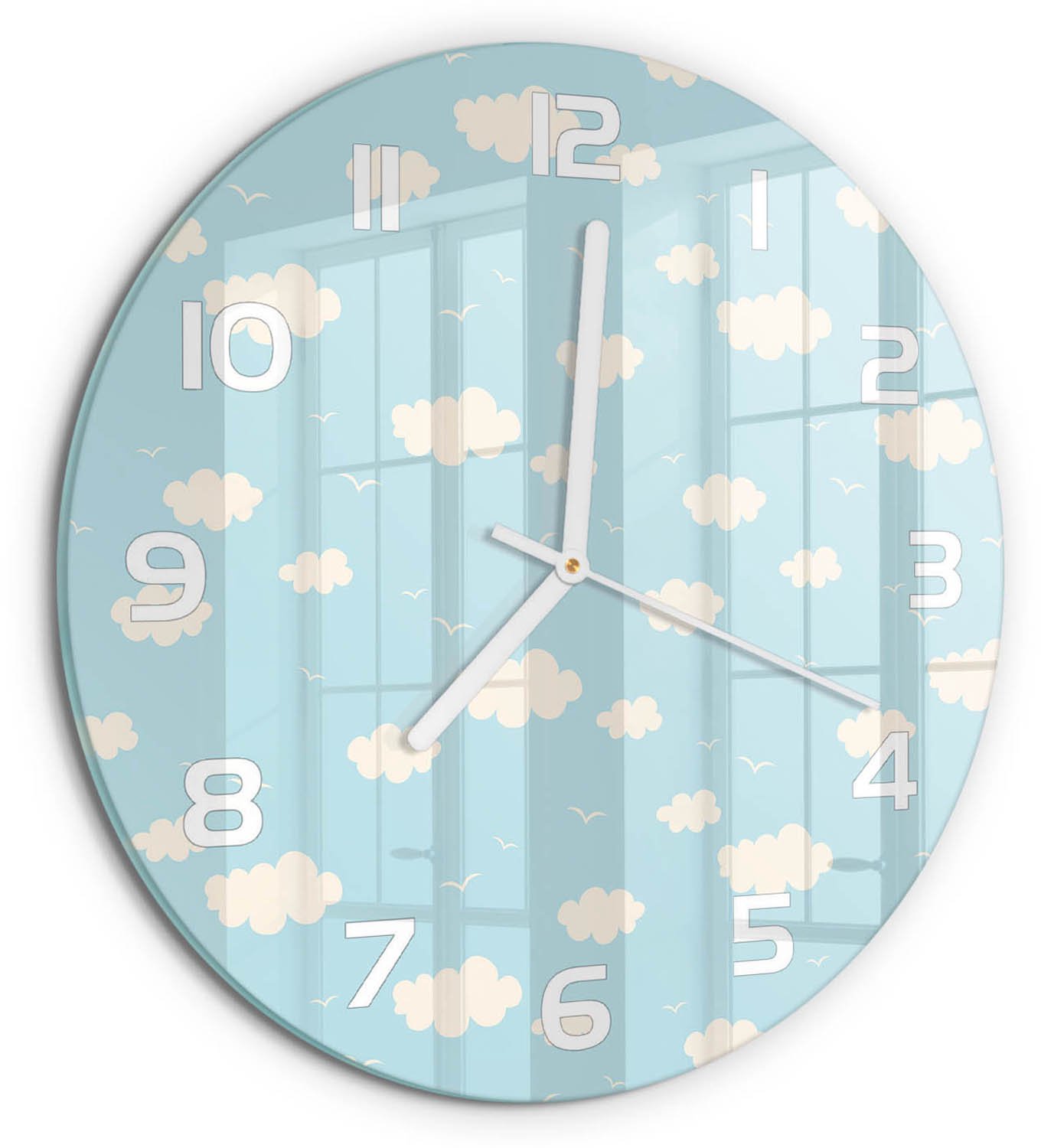 TULUP Wandklok - Wolk Gekleurde Glazen Klok - fi30 cm - Blauw Glazen Klok Met Print - Witte handen - Ronde Klok - Moderne Wandklok Glas - Wandklok Glas Decoratie