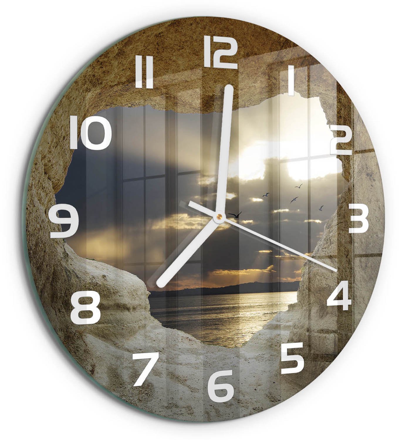 TULUP Wandklok - Zeegrot Gekleurde Glazen Klok - fi30 cm - Beige Glazen Klok Met Print - Witte handen - Ronde Klok - Moderne Wandklok Glas - Wandklok Glas Decoratie
