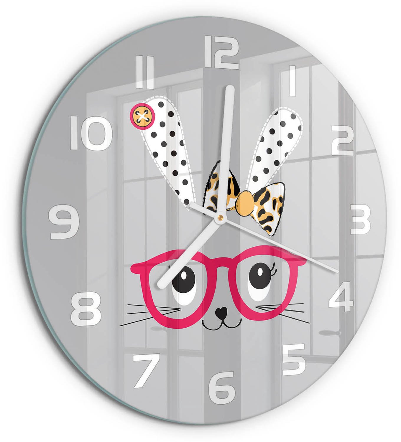 TULUP Wandklok - Konijn met bril Moderne Wandklok Glas - fi30 cm - Roze Wandklok Glas Decoratie - Witte handen - Ronde Klok - Glazen Wandklok Design - Klok Glas Met Opdruk