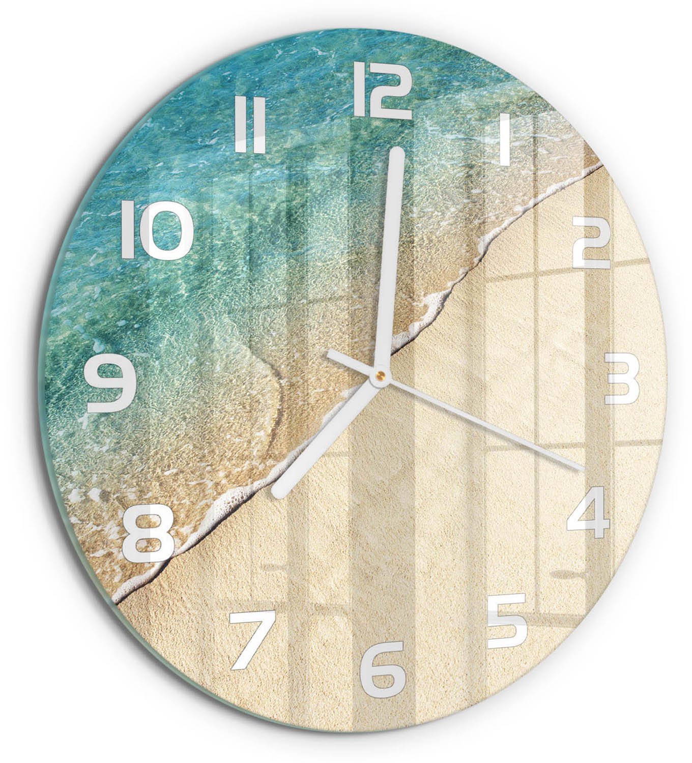 TULUP Wandklok - Golf op het strand Gekleurde Glazen Klok - fi30 cm - Blauw Glazen Klok Met Print - Witte handen - Ronde Klok - Moderne Wandklok Glas - Wandklok Glas Decoratie