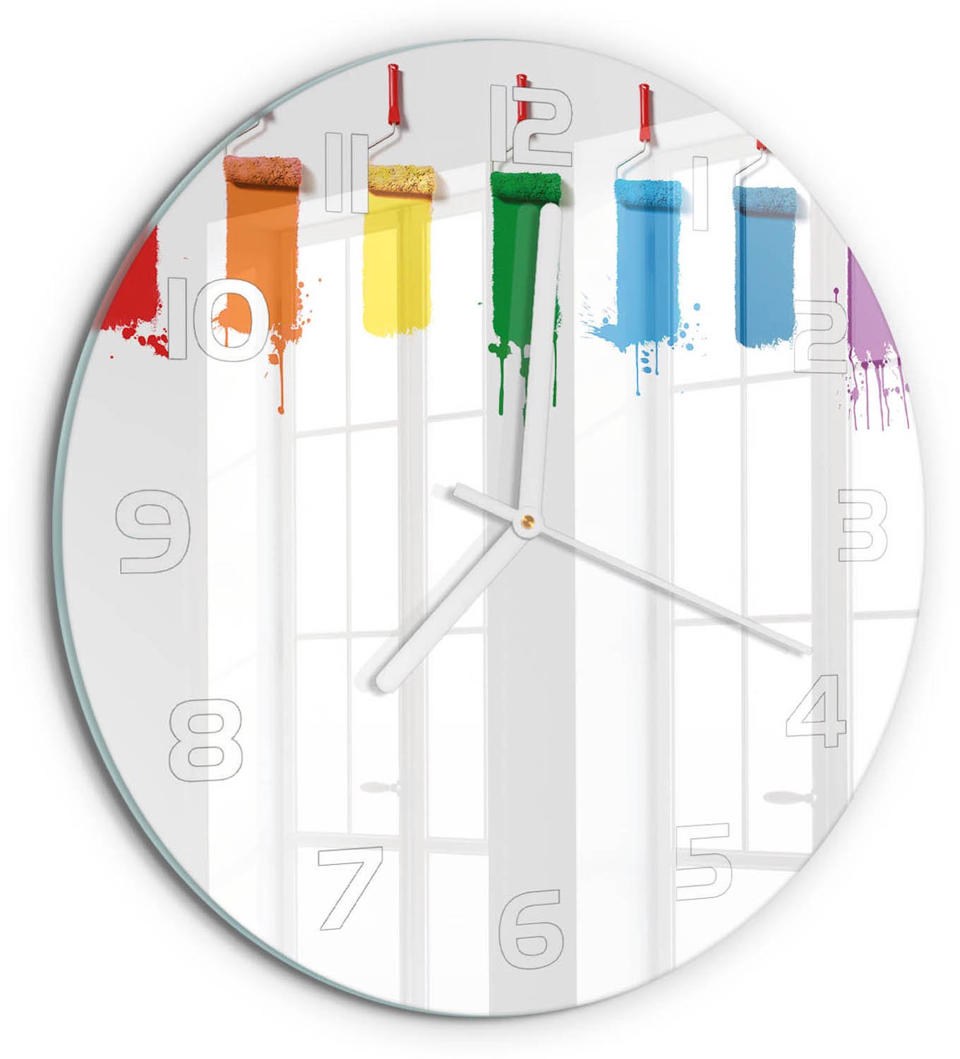 TULUP Wandklok - Verfrollers Moderne Wandklok Glas - fi30 cm - Veelkleurig Wandklok Glas Decoratie - Witte handen - Ronde Klok - Glazen Wandklok Design - Klok Glas Met Opdruk