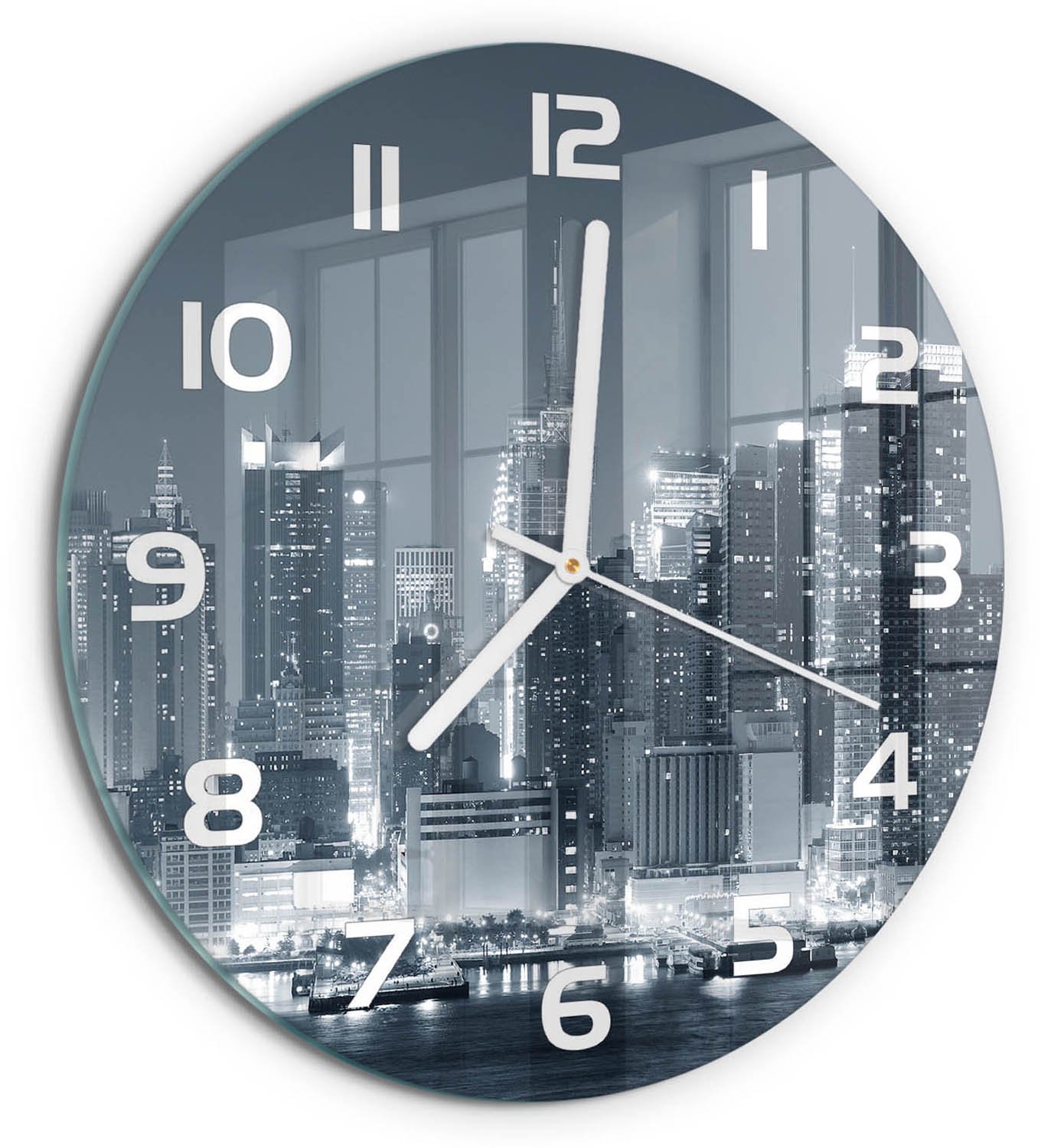 TULUP Wandklok - Manhattan, New York Glazen Wandklok Design - fi30 cm - Zwart-wit Klok Glas Met Opdruk - Witte handen - Ronde Klok - Wandklok Glas Met Motief - Decoratieve Glazen Klok