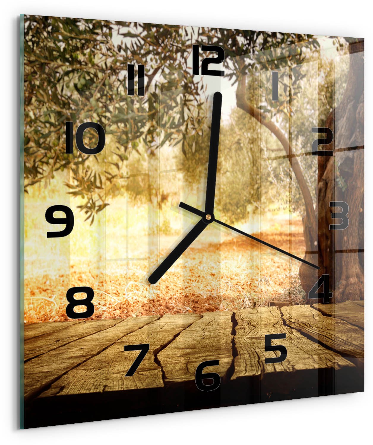 Tulup Wandklok - Olijfboom Wandklok Glas Met Motief - 30x30 cm - Bruin Decoratieve Glazen Klok - Zwarte handen - Vierkante Klok - Gekleurde Glazen Klok - Glazen Klok Met Print