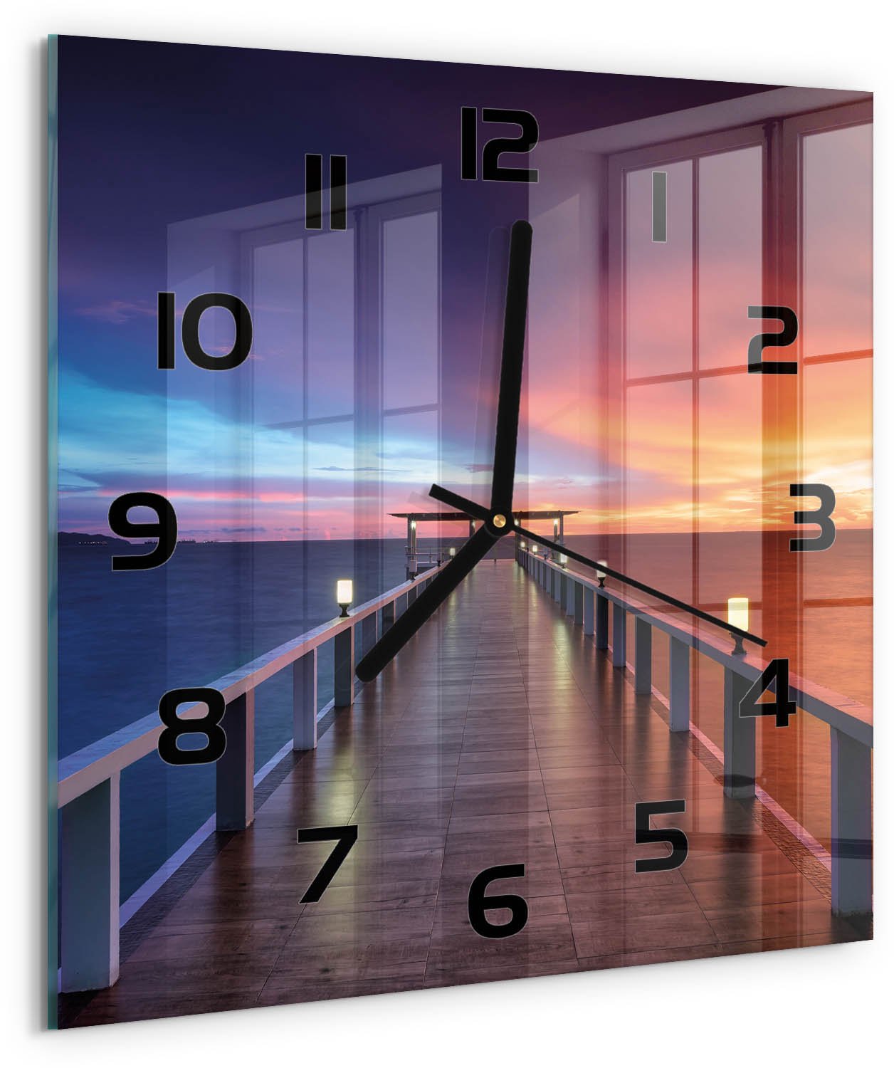 Tulup Wandklok - Houten brug Glazen Wandklok Design - 30x30 cm - Oranje Klok Glas Met Opdruk - Zwarte handen - Vierkante Klok - Wandklok Glas Met Motief - Decoratieve Glazen Klok