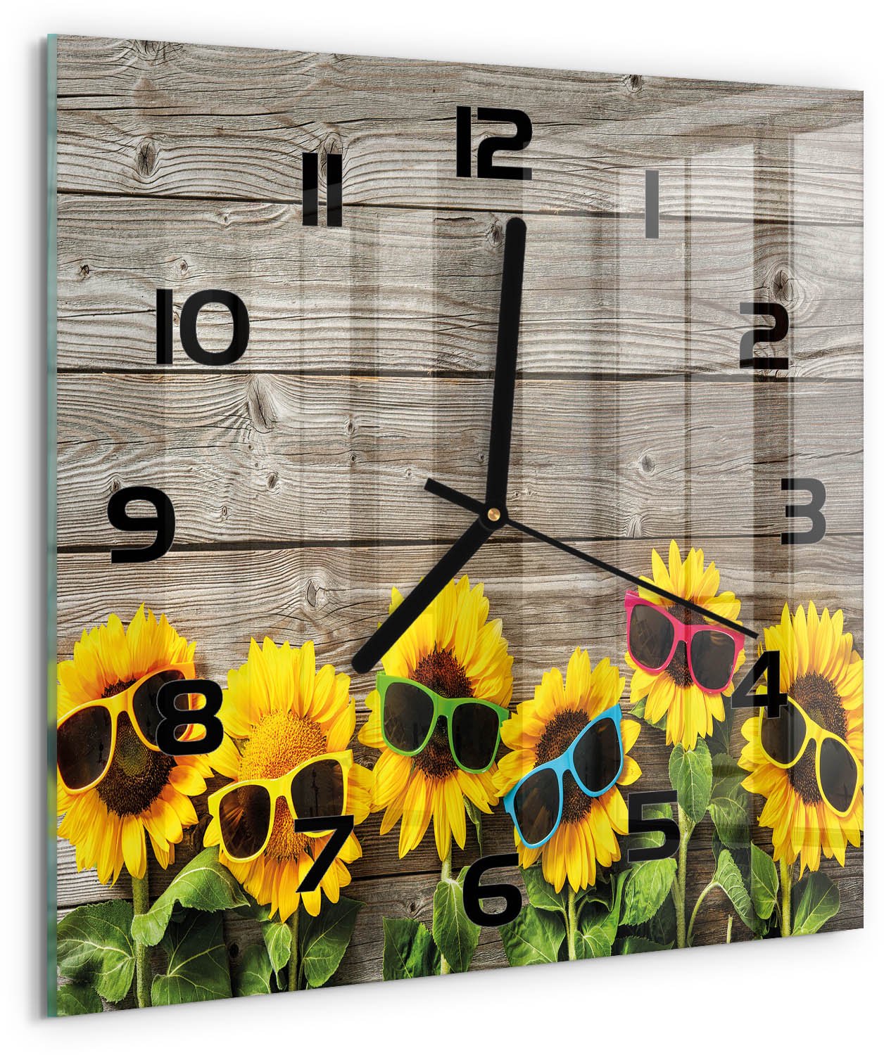 TULUP Wandklok - Zonnebloemen Glazen Klok Met Print - 30x30 cm - Geel Wandklok Glas Met Motief - Zwarte handen - Vierkante Klok - Wandklok Glas Decoratie - Gekleurde Glazen Klok