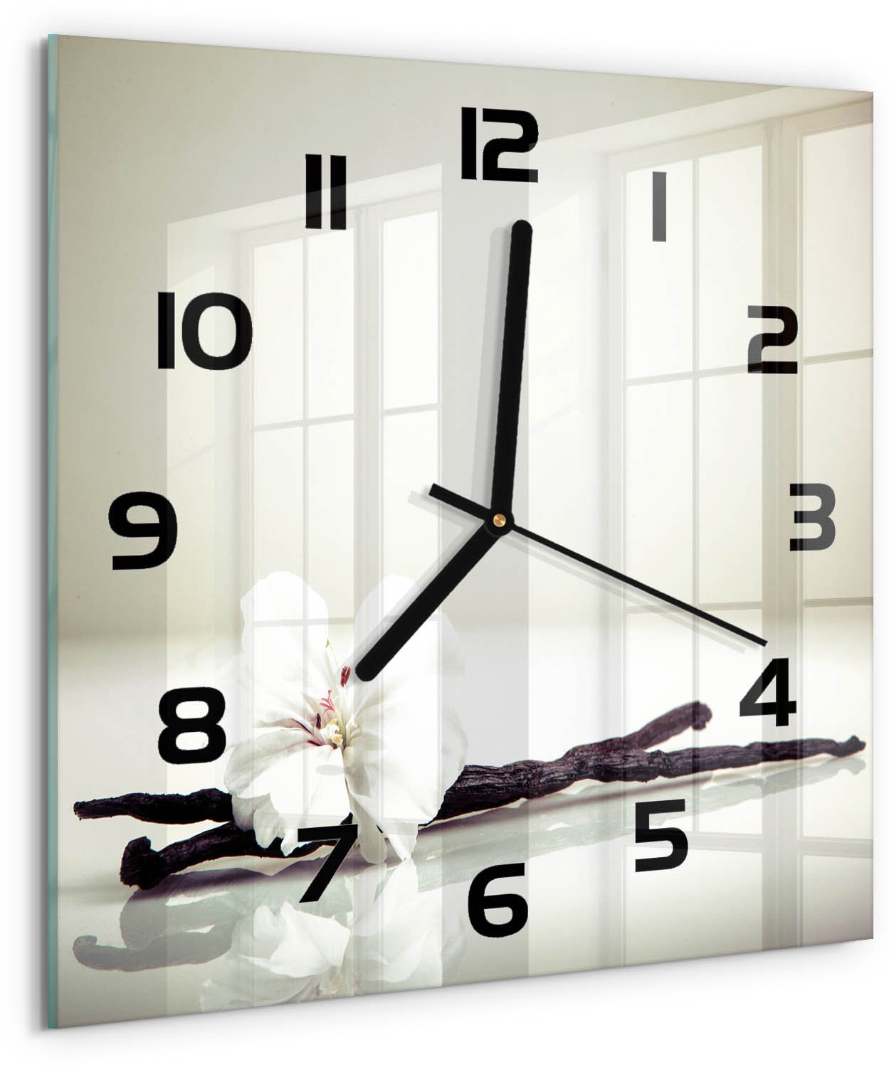 TULUP Wandklok - Vanilleboon Moderne Wandklok Glas - 30x30 cm - Wit Wandklok Glas Decoratie - Zwarte handen - Vierkante Klok - Glazen Wandklok Design - Klok Glas Met Opdruk
