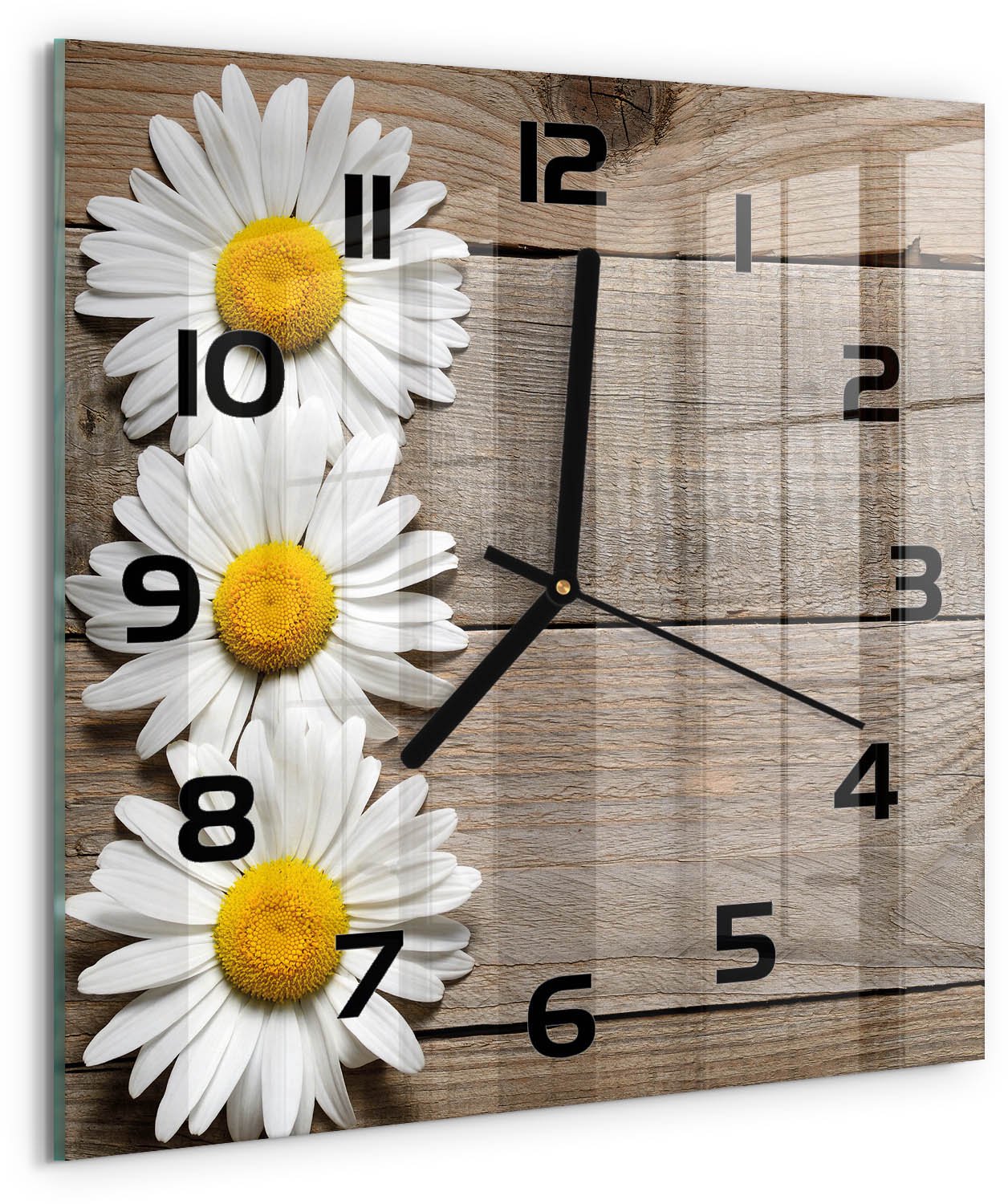 TULUP Wandklok - Madeliefjeshout Gekleurde Glazen Klok - 30x30 cm - Bruin Glazen Klok Met Print - Zwarte handen - Vierkante Klok - Moderne Wandklok Glas - Wandklok Glas Decoratie