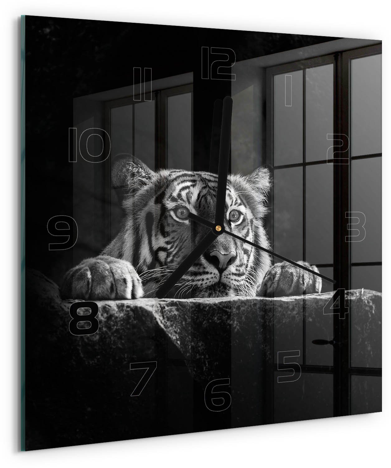 TULUP Wandklok - Tijger Glazen Klok Met Print - 30x30 cm - Zwart-wit Wandklok Glas Met Motief - Zwarte handen - Vierkante Klok - Wandklok Glas Decoratie - Gekleurde Glazen Klok