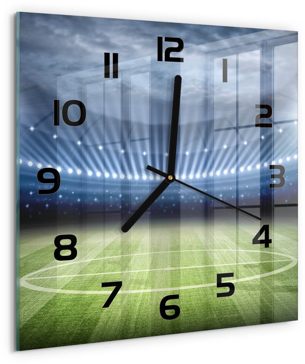 Tulup Wandklok - Stadion Glazen Wandklok Design - 30x30 cm - Groente Klok Glas Met Opdruk - Zwarte handen - Vierkante Klok - Wandklok Glas Met Motief - Decoratieve Glazen Klok