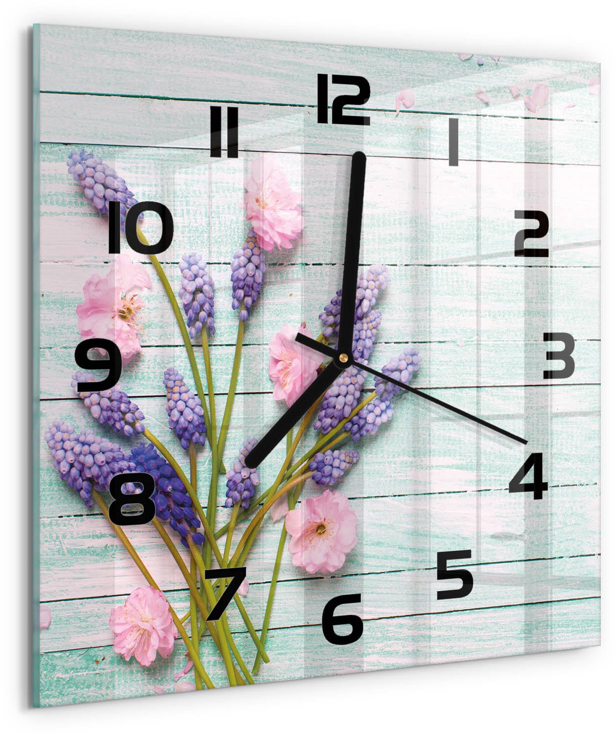 TULUP Wandklok - Lavendel op hout Decoratieve Glazen Klok - 30x30 cm - Paars Glazen Wandklok Design - Zwarte handen - Vierkante Klok - Glazen Klok Met Print - Wandklok Glas Met Motief