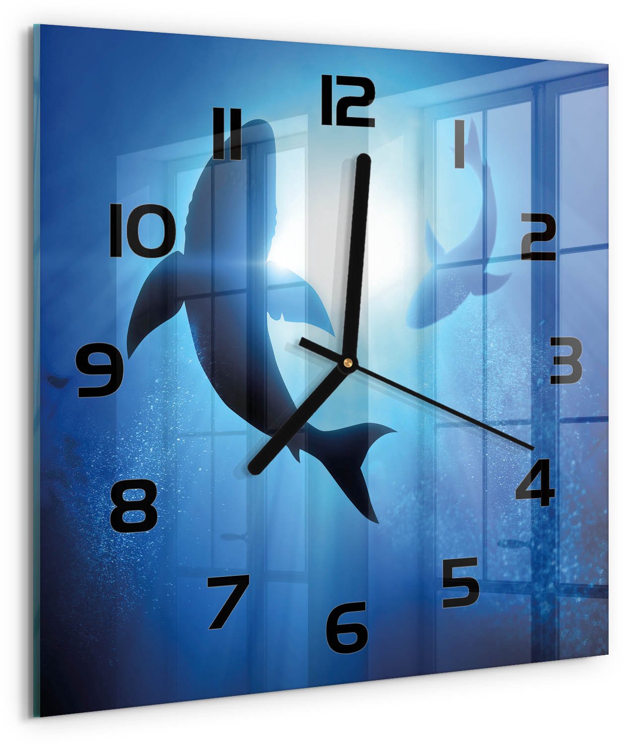 TULUP Wandklok - Twee haaien Decoratieve Glazen Klok - 30x30 cm - Blauw Glazen Wandklok Design - Zwarte handen - Vierkante Klok - Glazen Klok Met Print - Wandklok Glas Met Motief