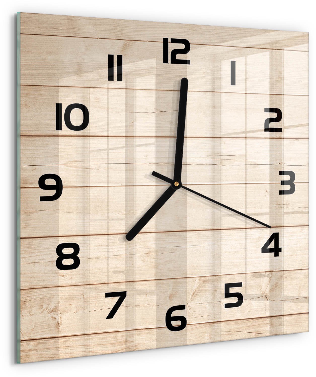 TULUP Wandklok - Houten achtergrond Glazen Wandklok Design - 30x30 cm - Beige Klok Glas Met Opdruk - Zwarte handen - Vierkante Klok - Wandklok Glas Met Motief - Decoratieve Glazen Klok