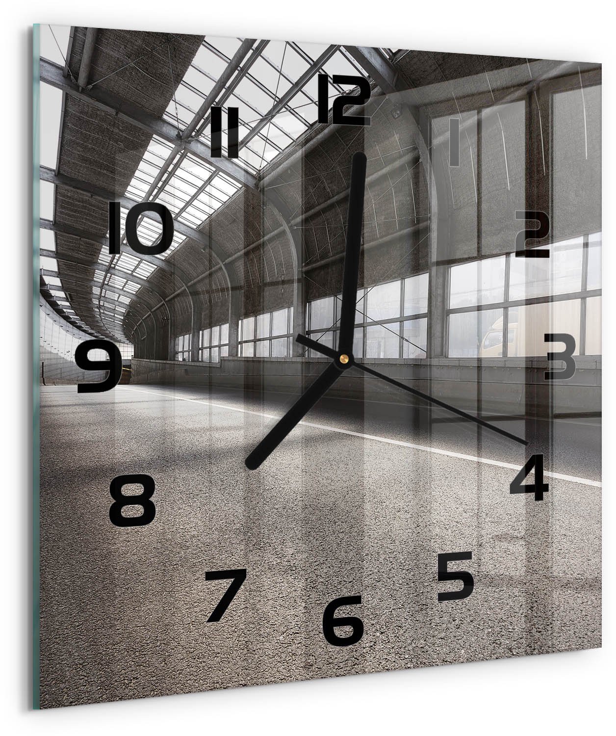 Tulup Wandklok - Straat in de tunnel Moderne Wandklok Glas - 30x30 cm - Grijs Wandklok Glas Decoratie - Zwarte handen - Vierkante Klok - Glazen Wandklok Design - Klok Glas Met Opdruk
