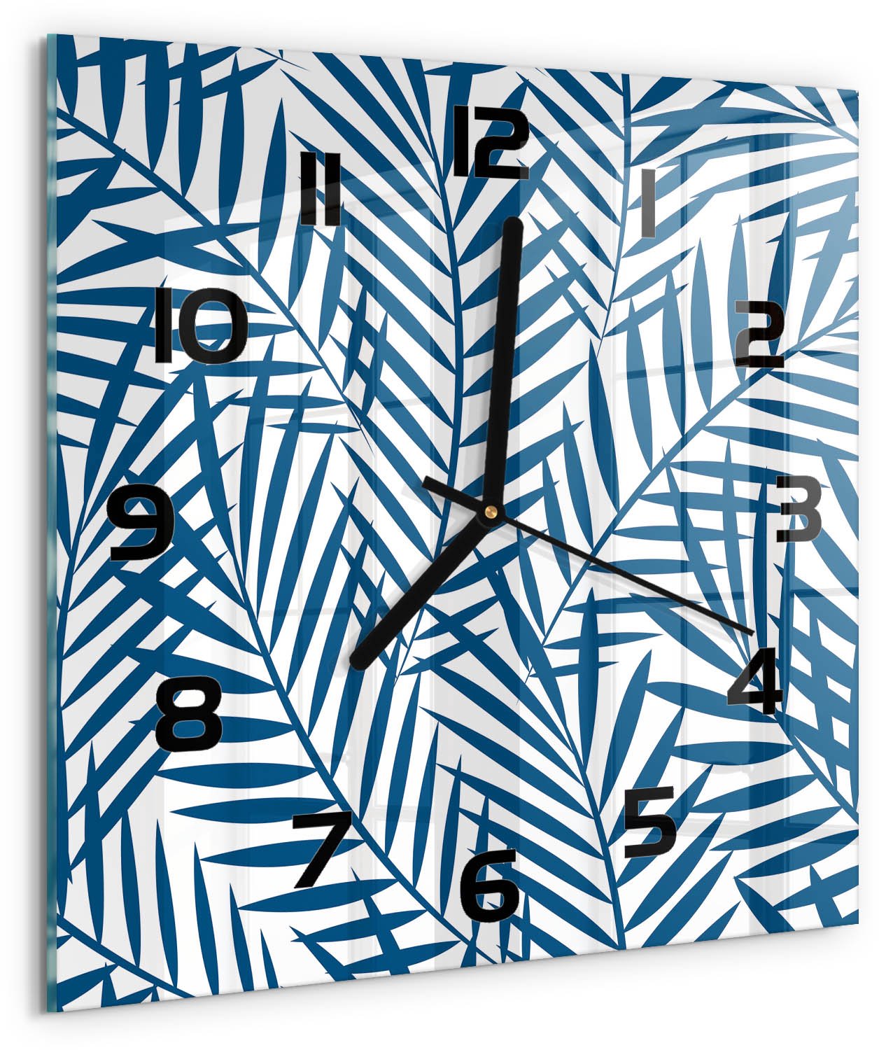 TULUP Wandklok - Palmbladeren Wandklok Glas Met Motief - 30x30 cm - Blauw Decoratieve Glazen Klok - Zwarte handen - Vierkante Klok - Gekleurde Glazen Klok - Glazen Klok Met Print