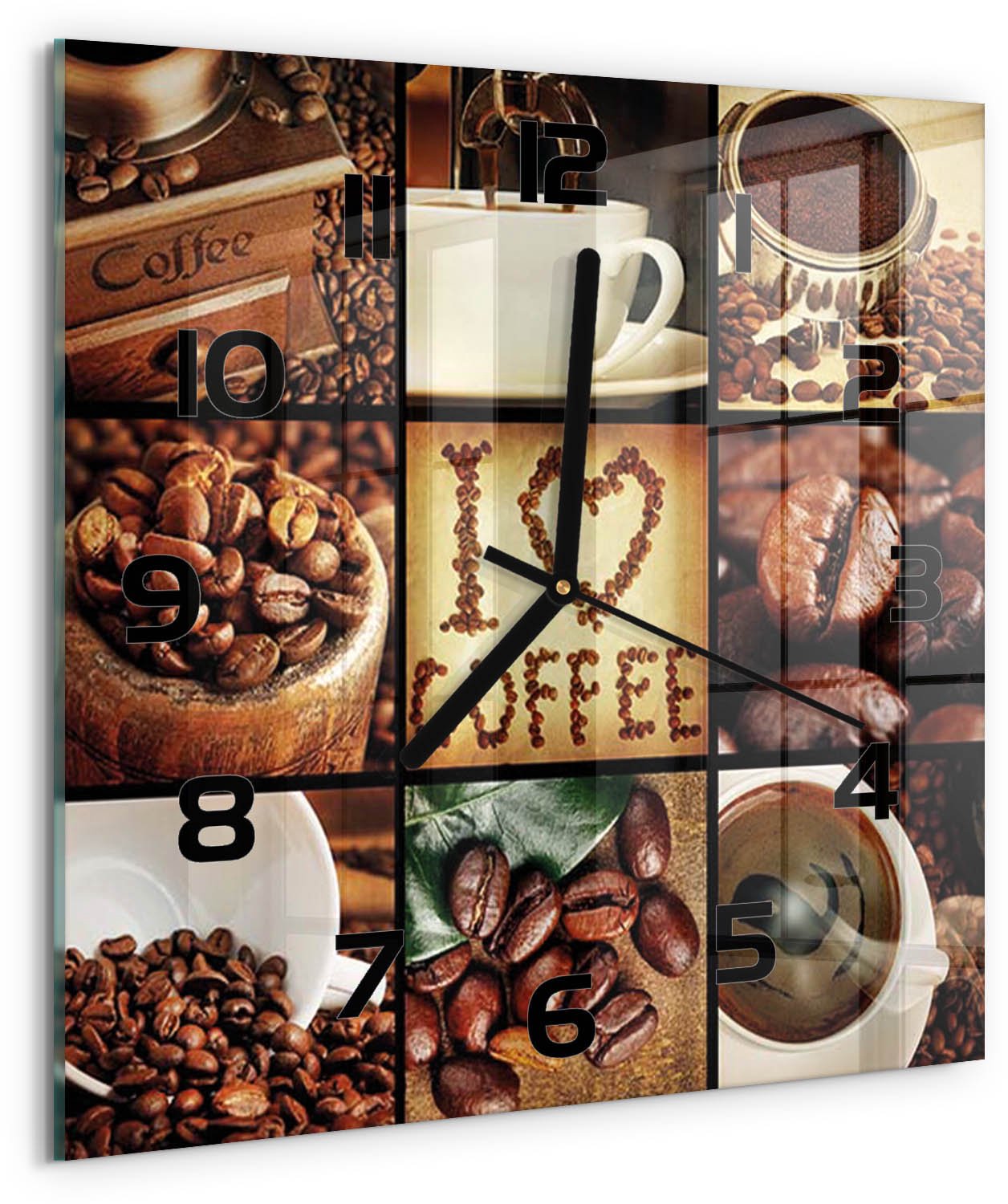 Tulup Wandklok - Koffiecollage Gekleurde Glazen Klok - 30x30 cm - Bruin Glazen Klok Met Print - Zwarte handen - Vierkante Klok - Moderne Wandklok Glas - Wandklok Glas Decoratie