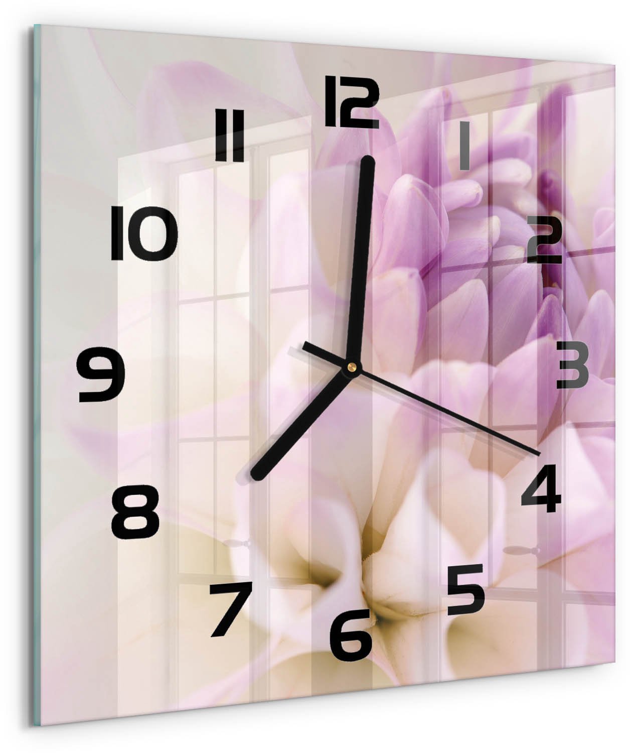 TULUP Wandklok - Witte dahlia Glazen Klok Met Print - 30x30 cm - Paars Wandklok Glas Met Motief - Zwarte handen - Vierkante Klok - Wandklok Glas Decoratie - Gekleurde Glazen Klok