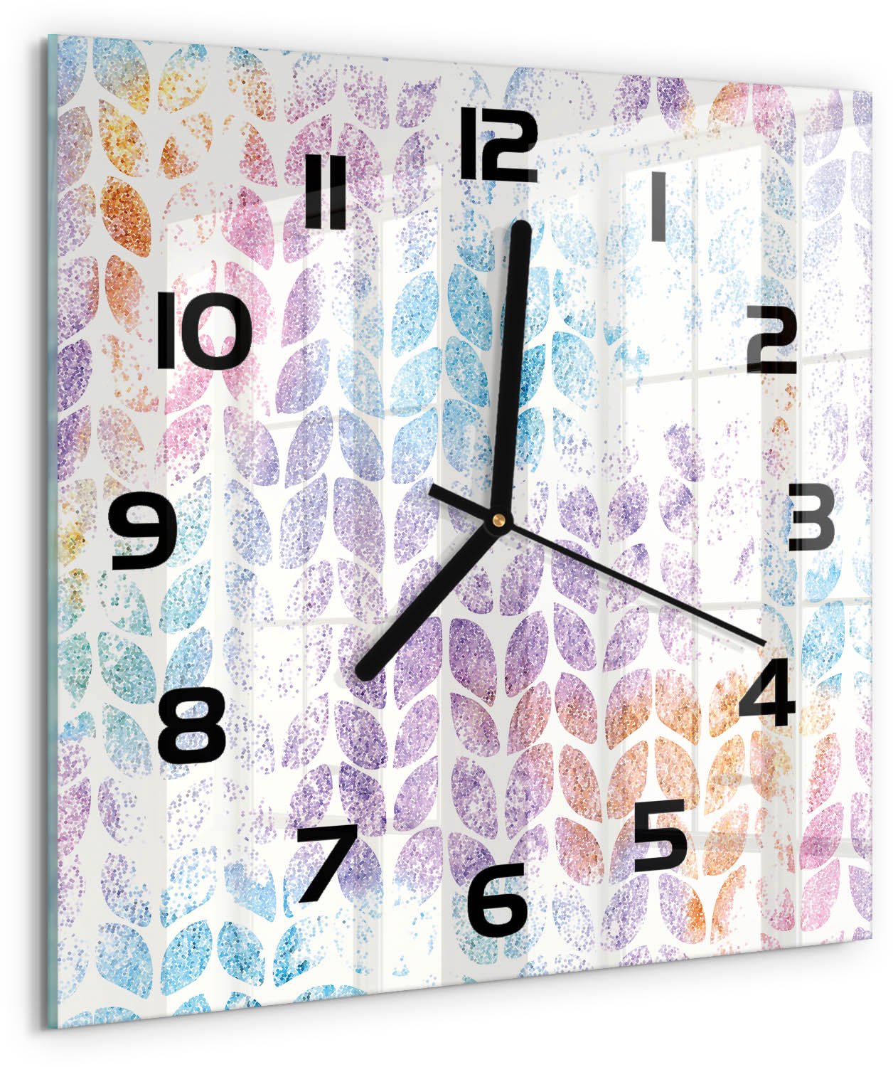 TULUP Wandklok - Kleurrijke bladeren Moderne Wandklok Glas - 30x30 cm - Veelkleurig Wandklok Glas Decoratie - Zwarte handen - Vierkante Klok - Glazen Wandklok Design - Klok Glas Met Opdruk