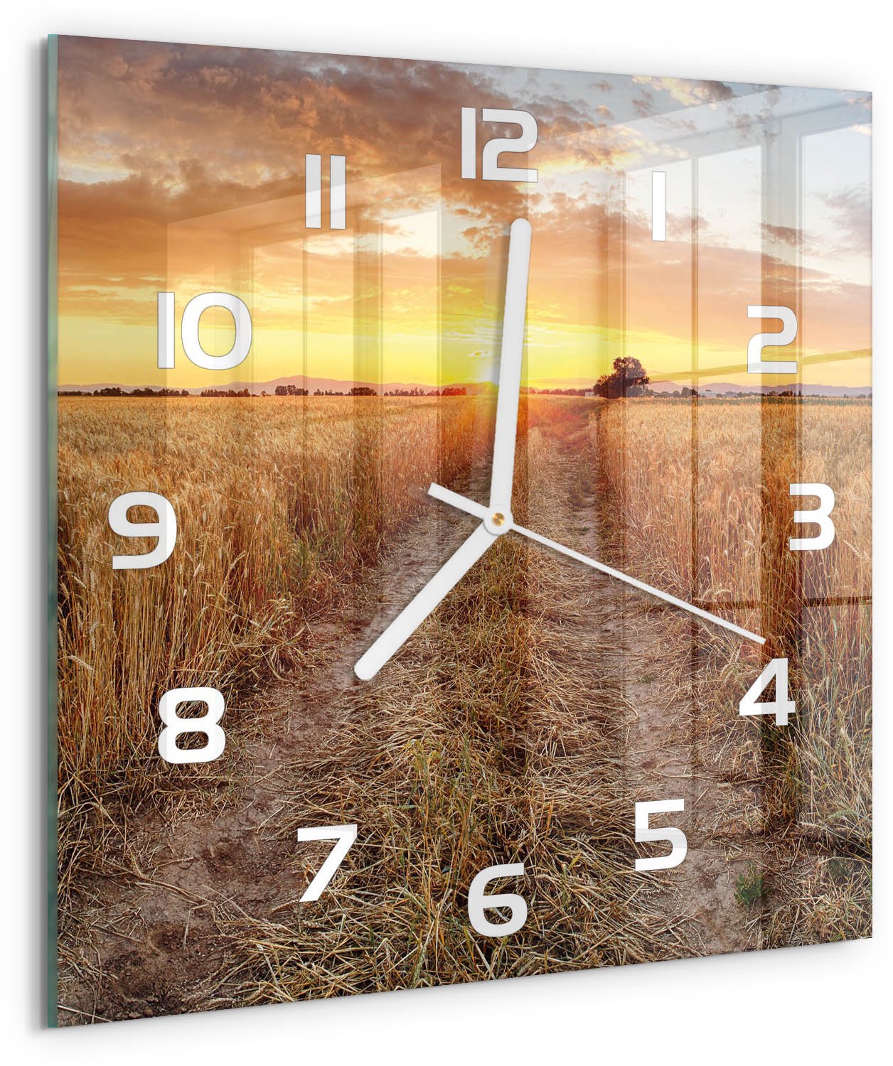 Tulup Wandklok - Tarweveld Glazen Klok Met Print - 30x30 cm - Geel Wandklok Glas Met Motief - Witte handen - Vierkante Klok - Wandklok Glas Decoratie - Gekleurde Glazen Klok