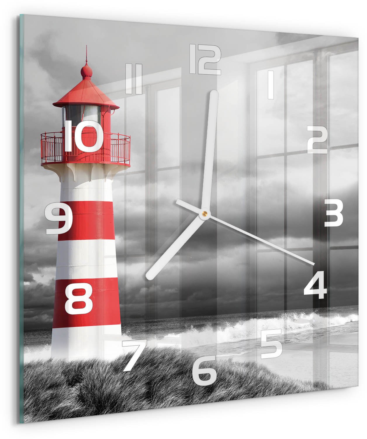 Tulup Wandklok - Vuurtoren Decoratieve Glazen Klok - 30x30 cm - Rood Glazen Wandklok Design - Witte handen - Vierkante Klok - Glazen Klok Met Print - Wandklok Glas Met Motief