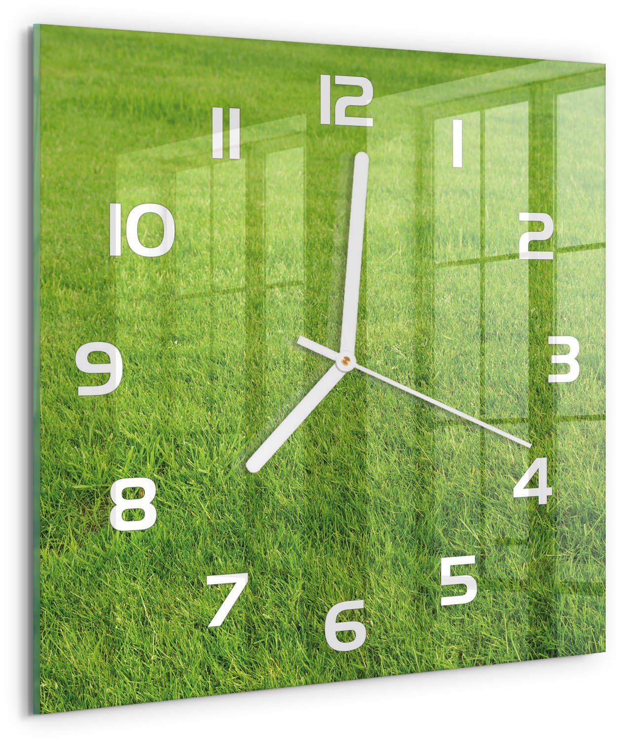 Tulup Wandklok - Groen gras Decoratieve Glazen Klok - 30x30 cm - Groente Glazen Wandklok Design - Witte handen - Vierkante Klok - Glazen Klok Met Print - Wandklok Glas Met Motief