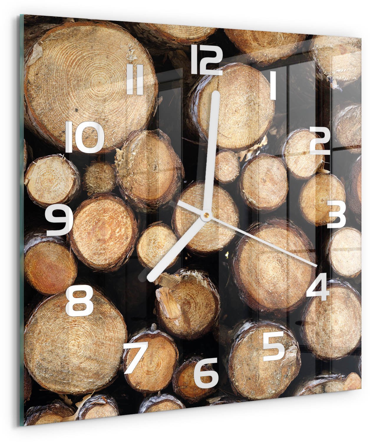Tulup Wandklok - Logboeken Klok Glas Met Opdruk - 30x30 cm - Bruin Moderne Wandklok Glas - Witte handen - Vierkante Klok - Decoratieve Glazen Klok - Glazen Wandklok Design