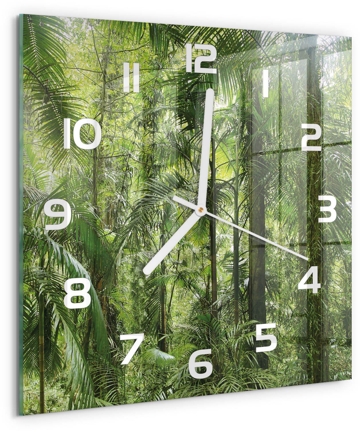 Tulup Wandklok - Tropisch bos Wandklok Glas Met Motief - 30x30 cm - Groente Decoratieve Glazen Klok - Witte handen - Vierkante Klok - Gekleurde Glazen Klok - Glazen Klok Met Print