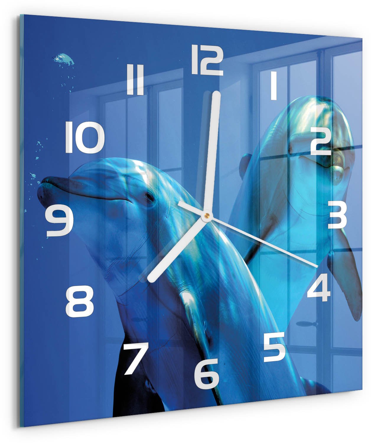 Tulup Wandklok - Twee dolfijnen Decoratieve Glazen Klok - 30x30 cm - Blauw Glazen Wandklok Design - Witte handen - Vierkante Klok - Glazen Klok Met Print - Wandklok Glas Met Motief