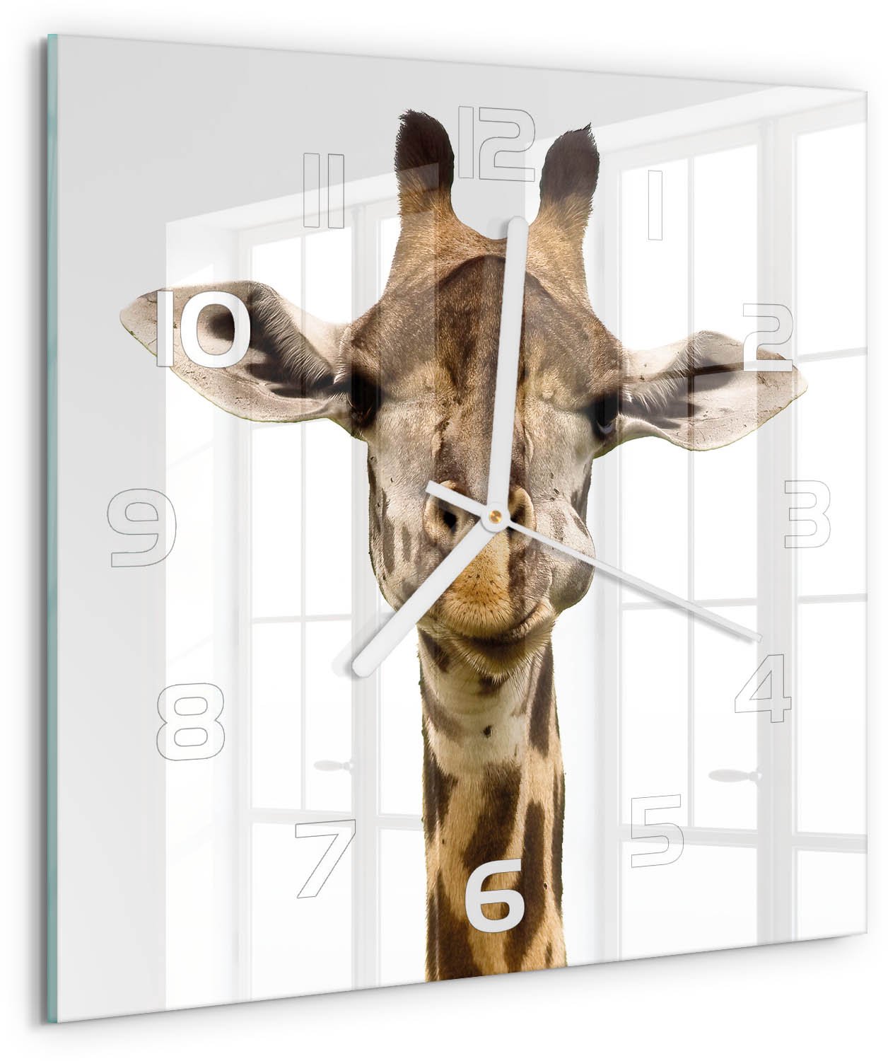 Tulup Wandklok - Giraffe Glazen Klok Met Print - 30x30 cm - Bruin Wandklok Glas Met Motief - Witte handen - Vierkante Klok - Wandklok Glas Decoratie - Gekleurde Glazen Klok