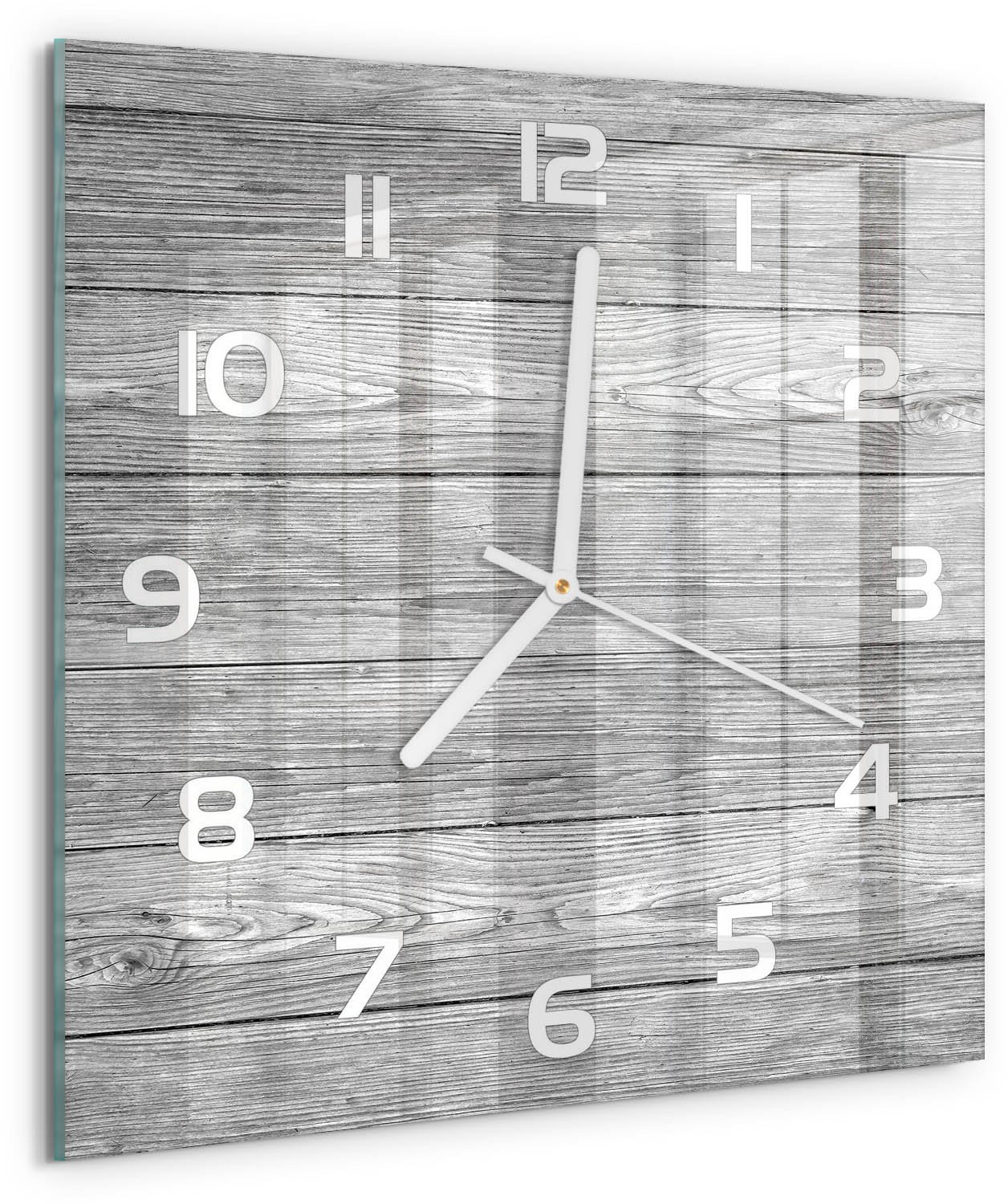 Tulup Wandklok - Houten achtergrond Glazen Klok Met Print - 30x30 cm - Grijs Wandklok Glas Met Motief - Witte handen - Vierkante Klok - Wandklok Glas Decoratie - Gekleurde Glazen Klok